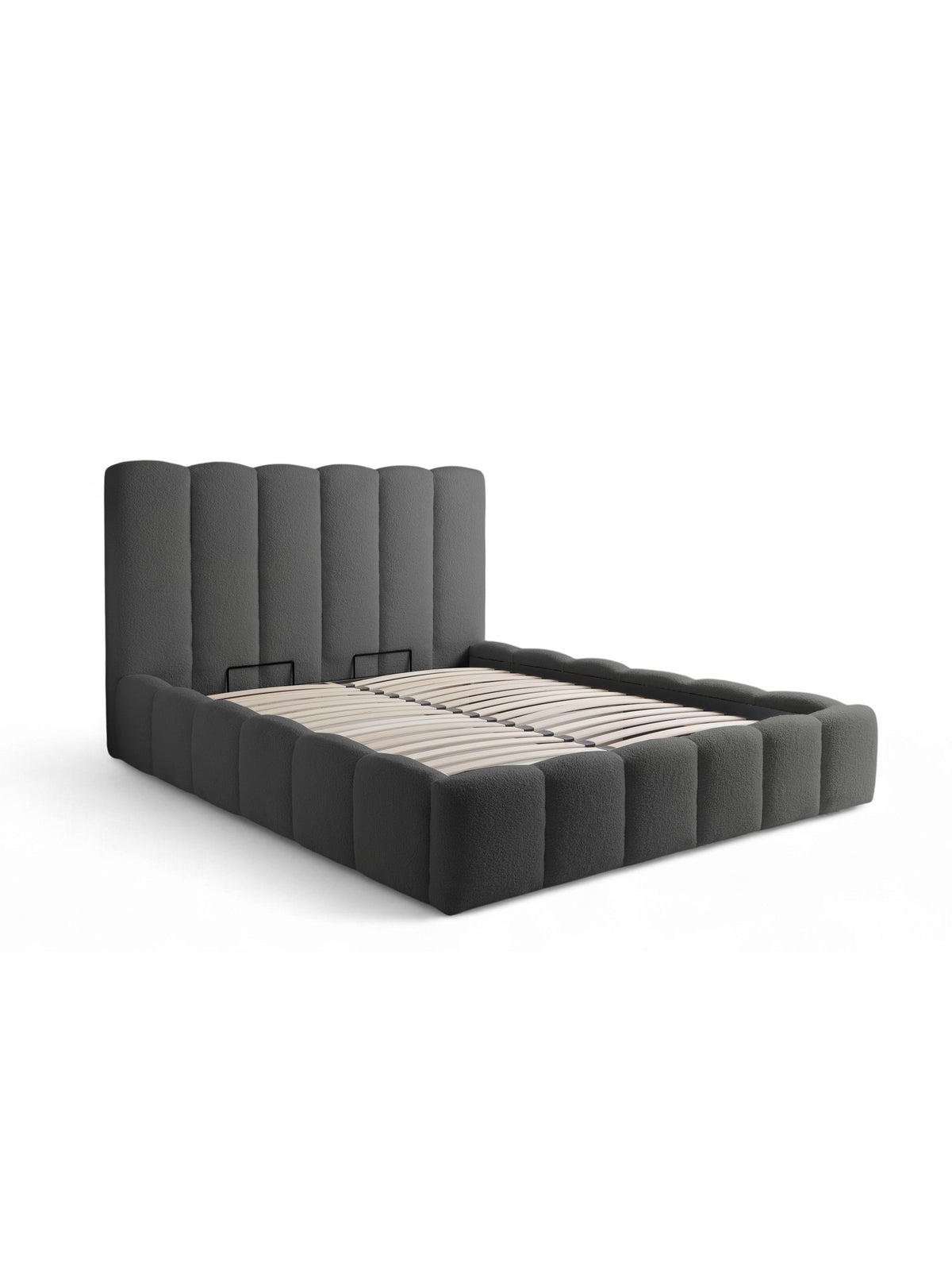 Pat tapițat Aura 180x200 în bouclé gri închis Quelle 92 cu tăblie înaltă