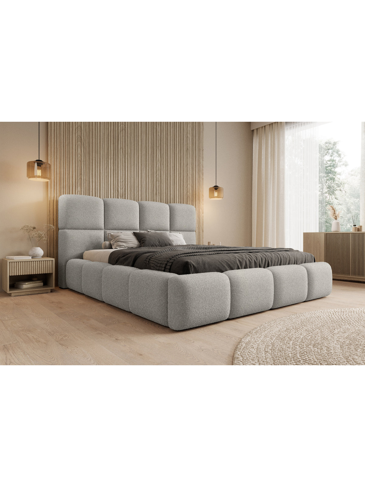 Pat tapițat Cloud 160x200 cu spațiu depozitare, material boucle gri, vedere frontală