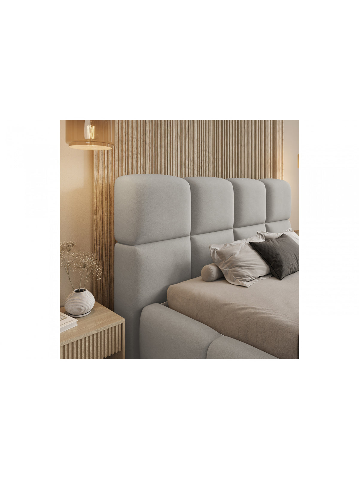 Pat tapițat Cloud 160x200 cu spațiu depozitare catifea gri Castel 80 detaliu tăblie