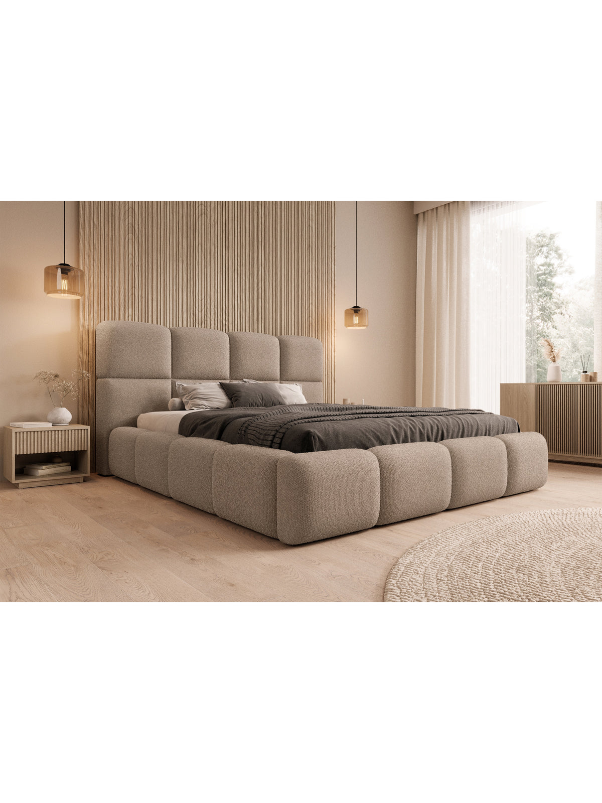 Pat tapiţat Cloud 180x200 cu material boucle bej închis și spațiu de depozitare
