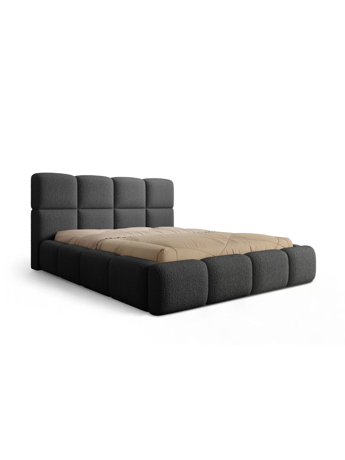 Pat tapițat Cloud 180x200 gri închis boucle, cu spațiu de depozitare și tablie capitonată