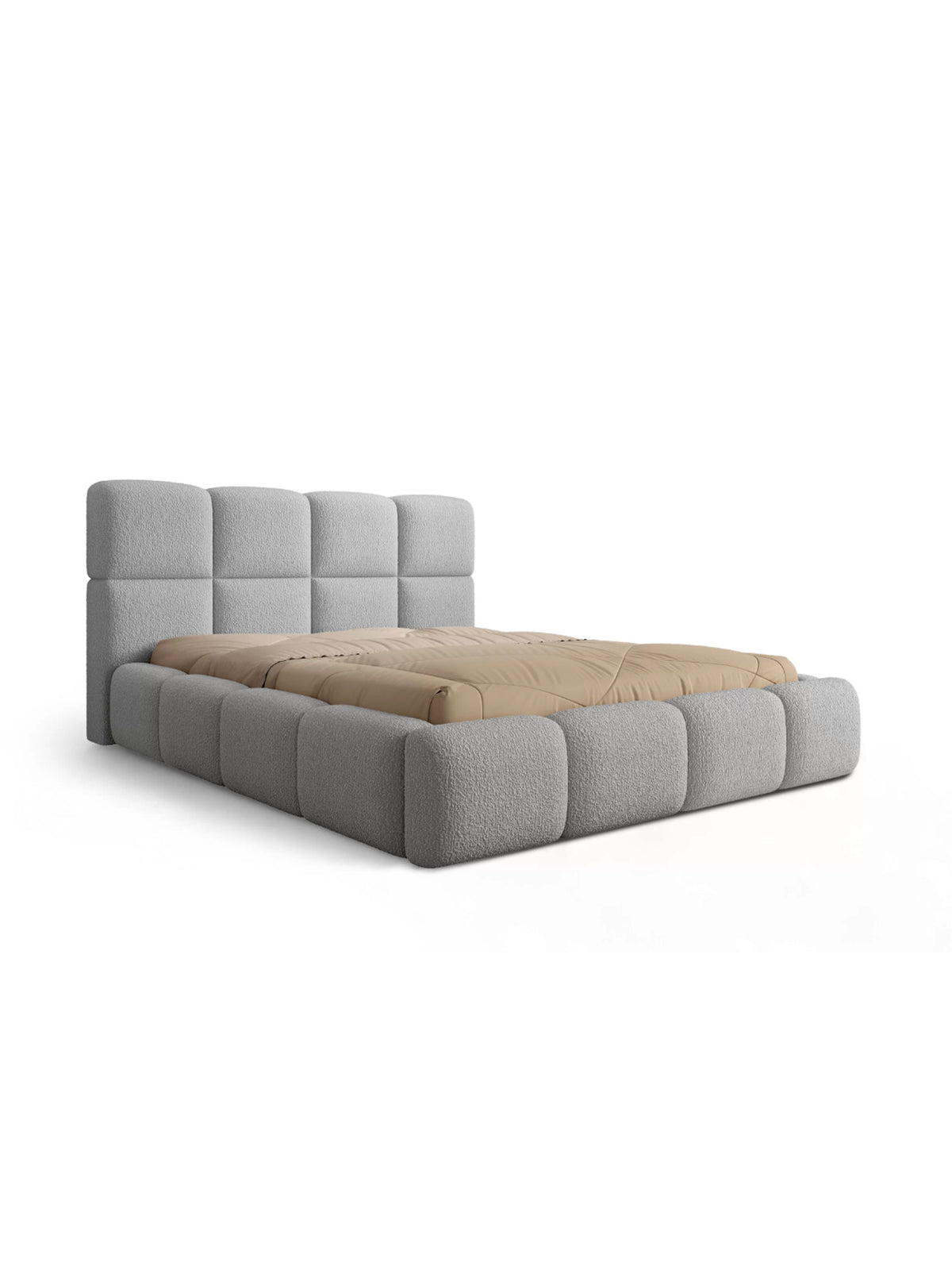 Pat tapițat gri Cloud 180x200 cu spațiu de depozitare, vedere frontală pe tăblia patului și profil