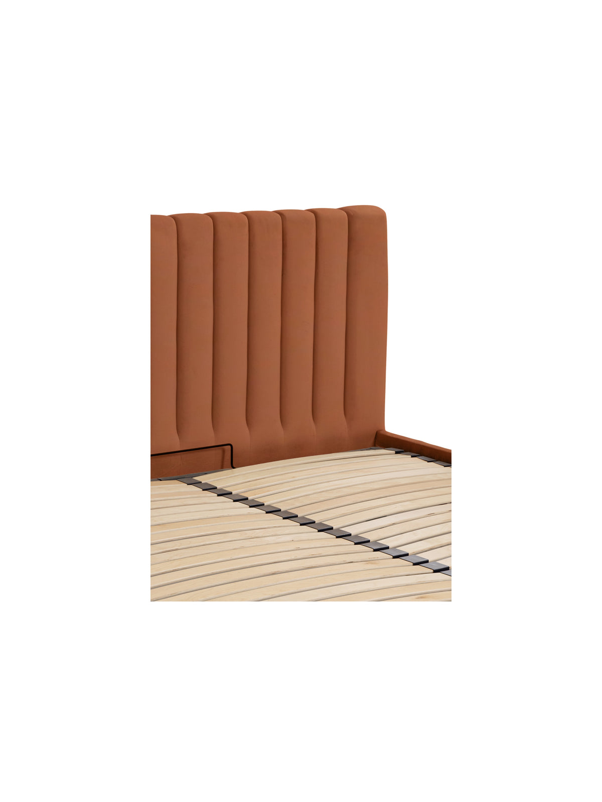 Pat tapițat Livani 160x200 catifea cupru, tăblia cu cusături verticale