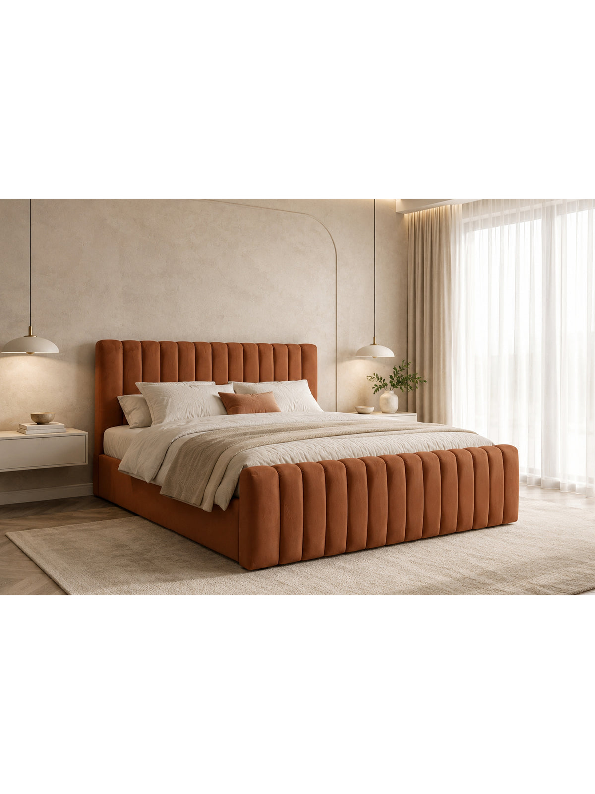 Pat tapițat Livani 160x200 catifea cupru cu spațiu de depozitare vedere frontală