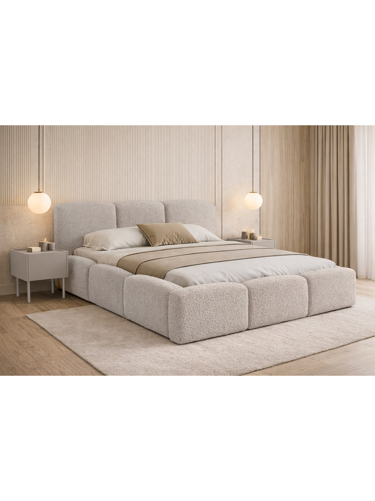 Pat tapițat Marios 160x200 cu material bej boucle Quelle 03 și spațiu de depozitare