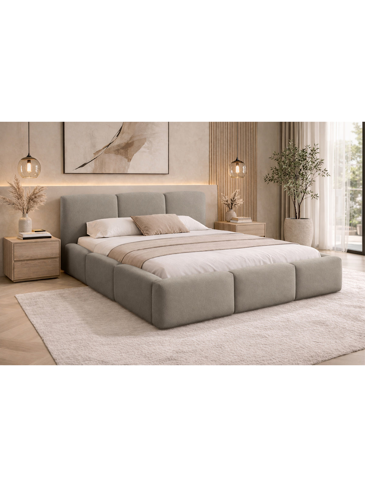 Pat tapițat Marios 160x200 cu spațiu de depozitare din catifea bej Castel 15 vedere frontală