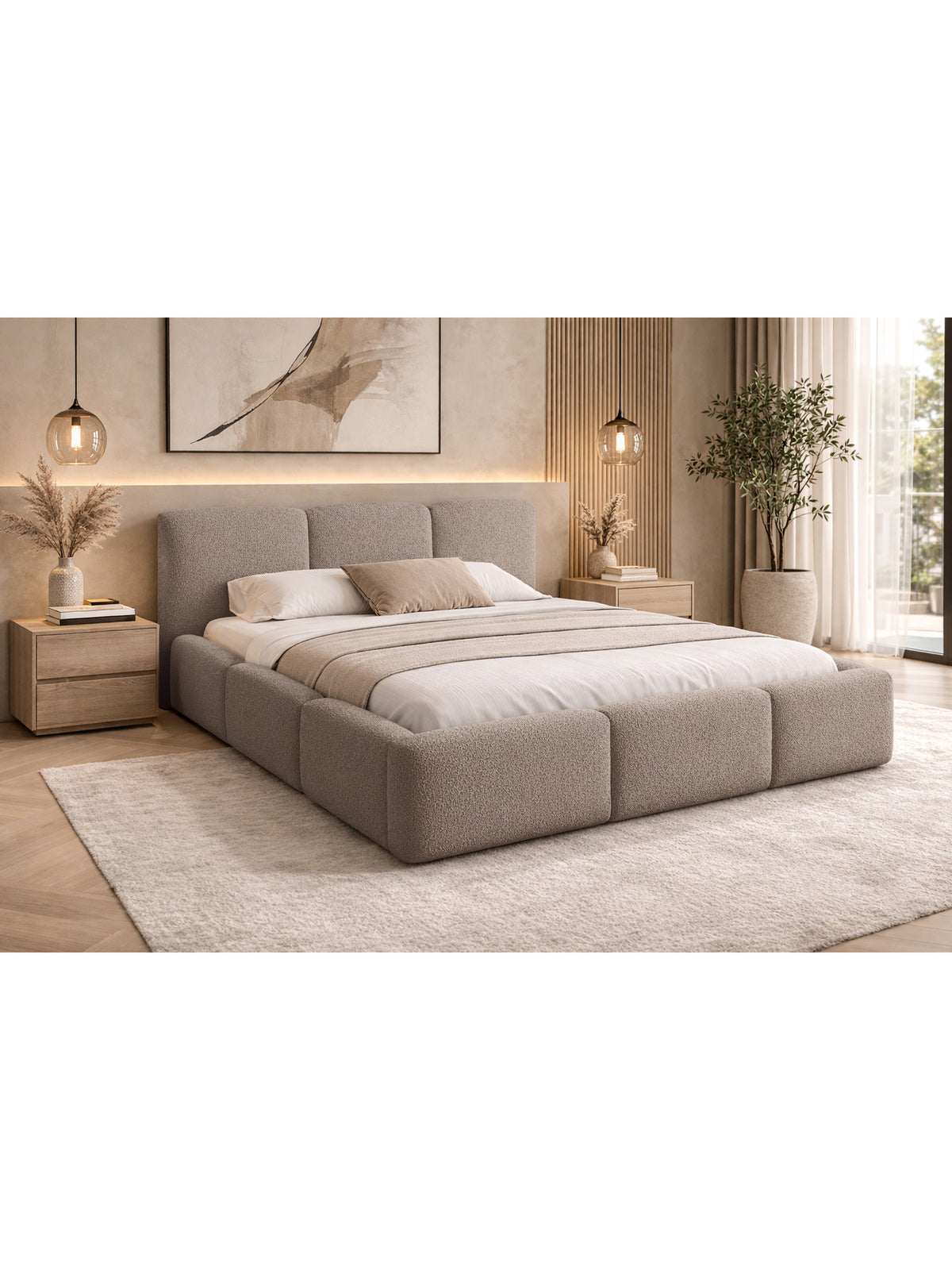 Pat tapițat Marios 180x200 cu spațiu de depozitare, material bouclé bej închis Quelle 05 vedere frontală