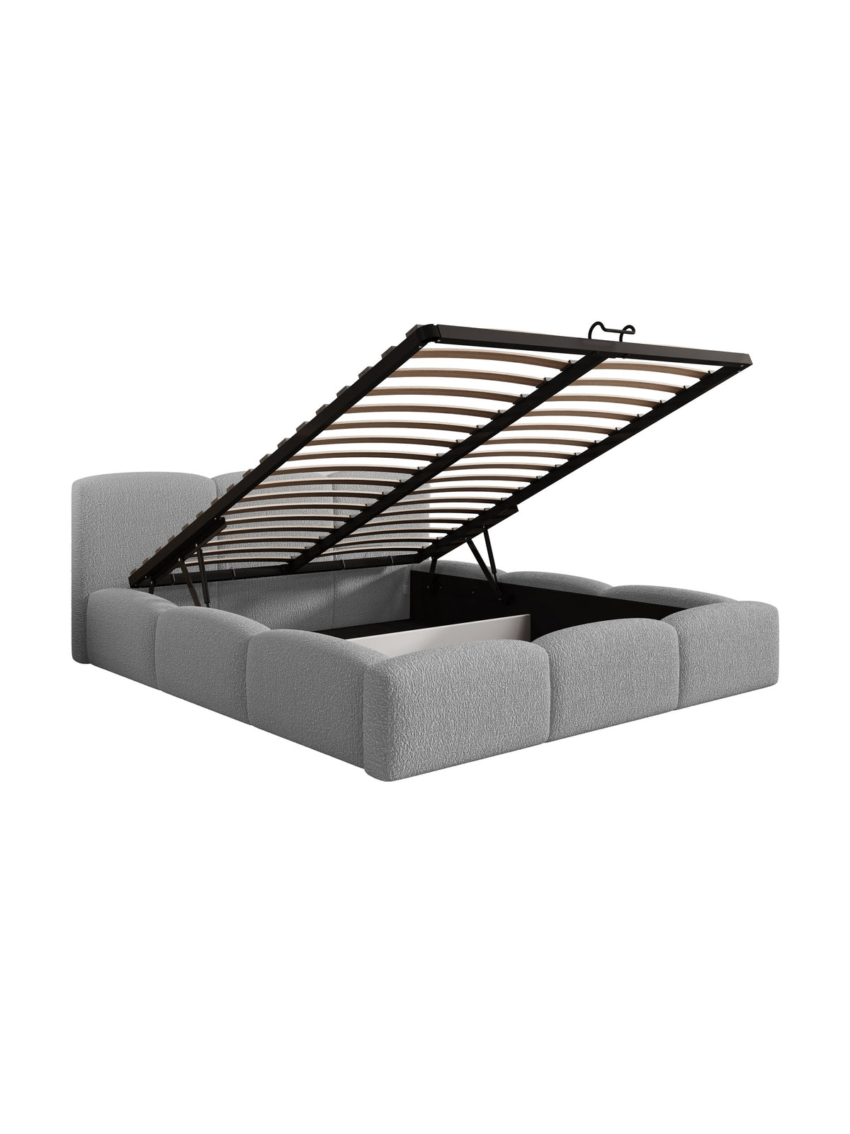 Pat tapițat Marios 180x200 cu stofă boucle gri și spațiu de depozitare deschis