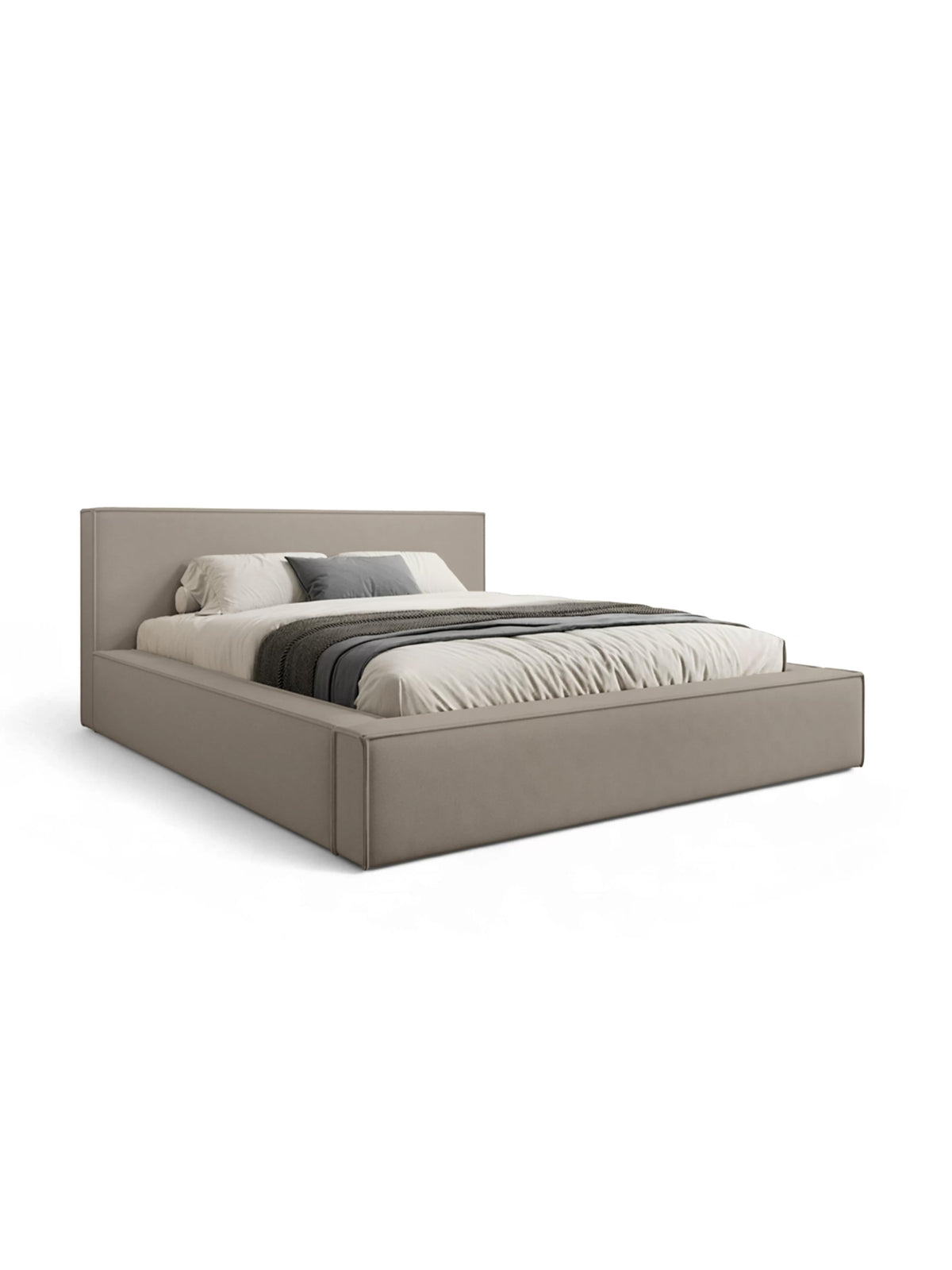 Pat tapițat Nirello 180x200 bej din catifea Castel 15 cu spațiu de depozitare