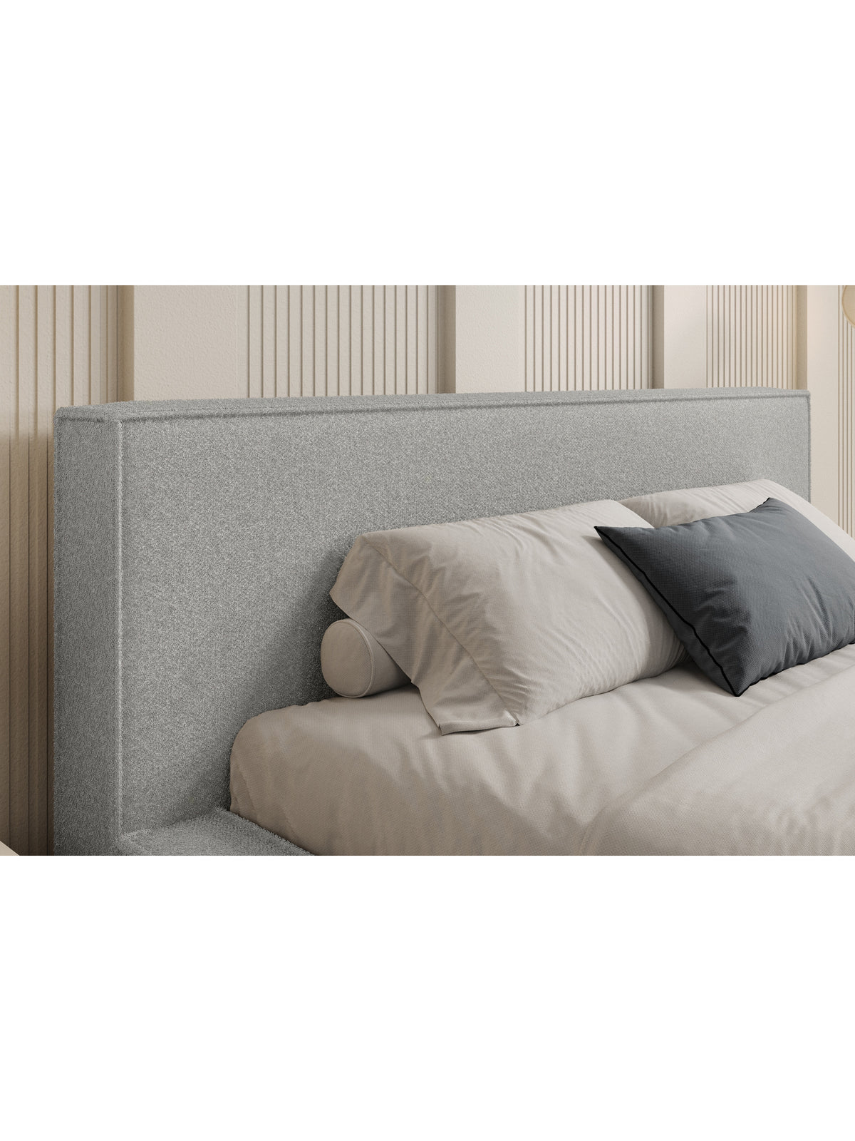 Pat tapițat Nirello 180x200 cu spațiu de depozitare, material boucle gri Quelle 83, detaliu tăblie