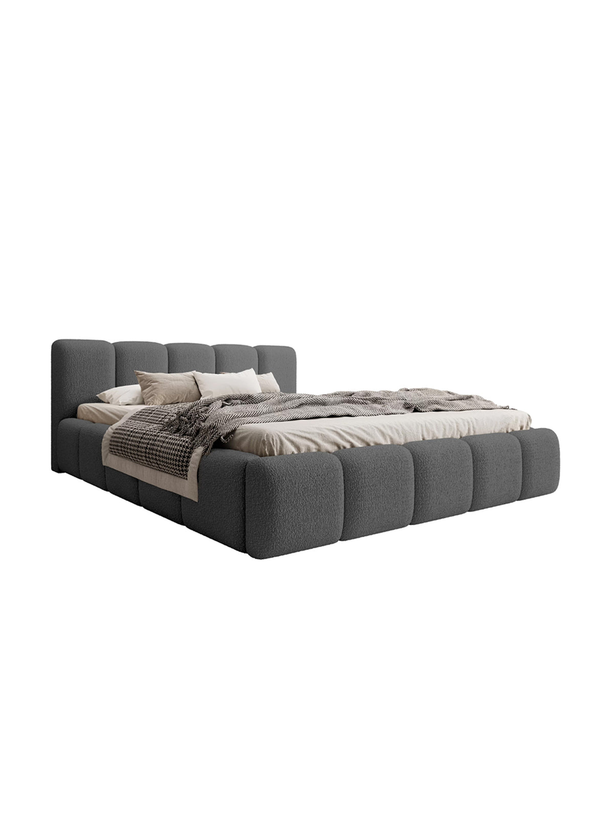 Pat tapițat Tesia 160x200 gri închis boucle Quelle 92, vedere laterală cu tăblia de cap