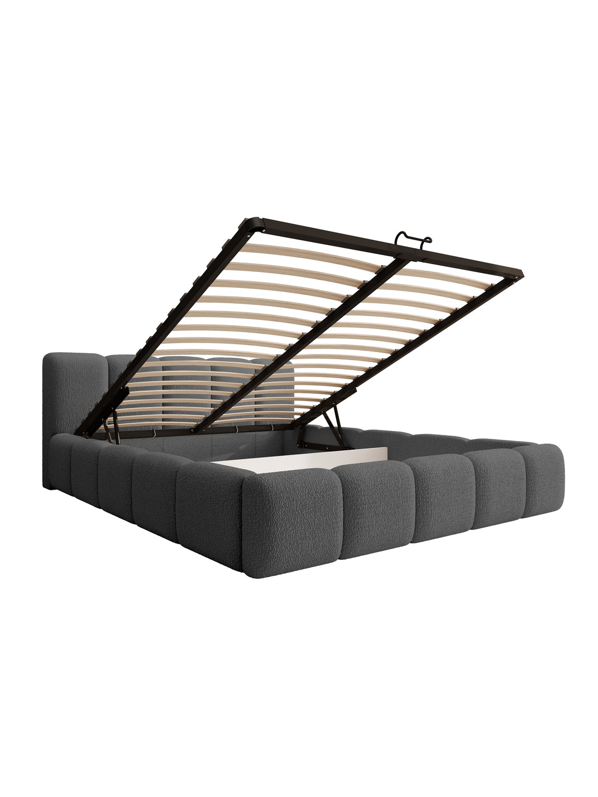 Pat tapițat Tesia 160x200 gri închis boucle cu spațiu de depozitare și somieră metalică