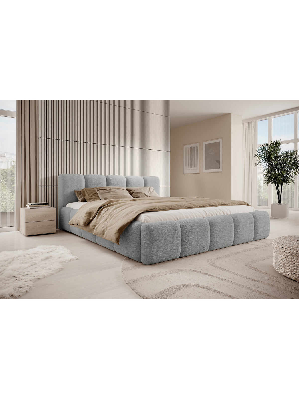 Pat tapițat Tesia 160x200 din material boucle gri, vedere frontală