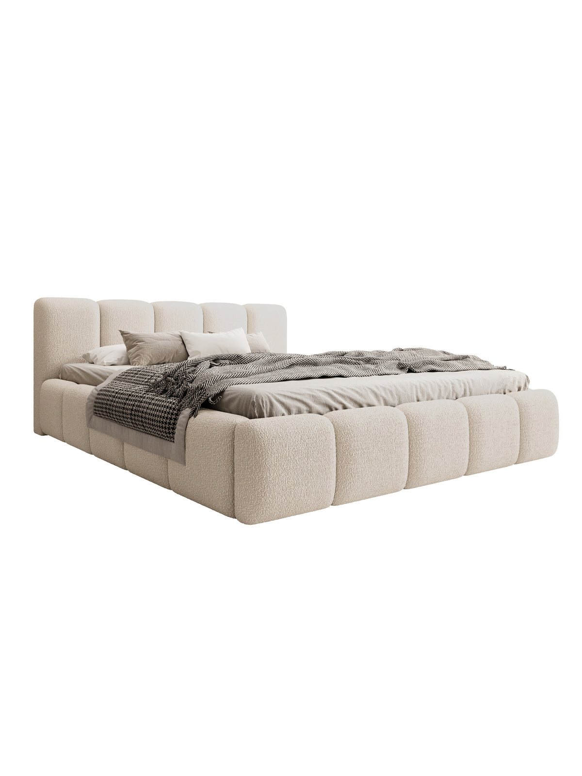 Pat tapițat Tesia 180x200 bej din material boucle cu spațiu de depozitare