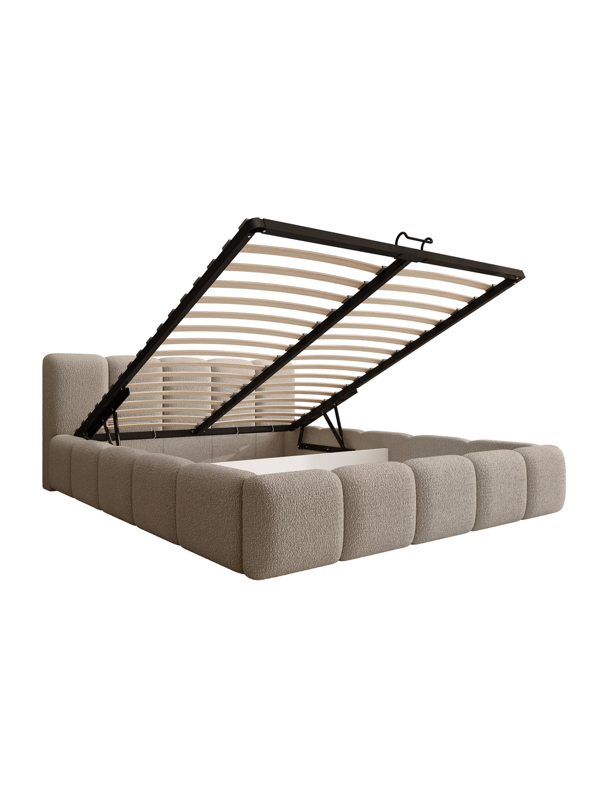 Pat tapițat Tesia 180x200 bej închis boucle cu spațiu de depozitare deschis