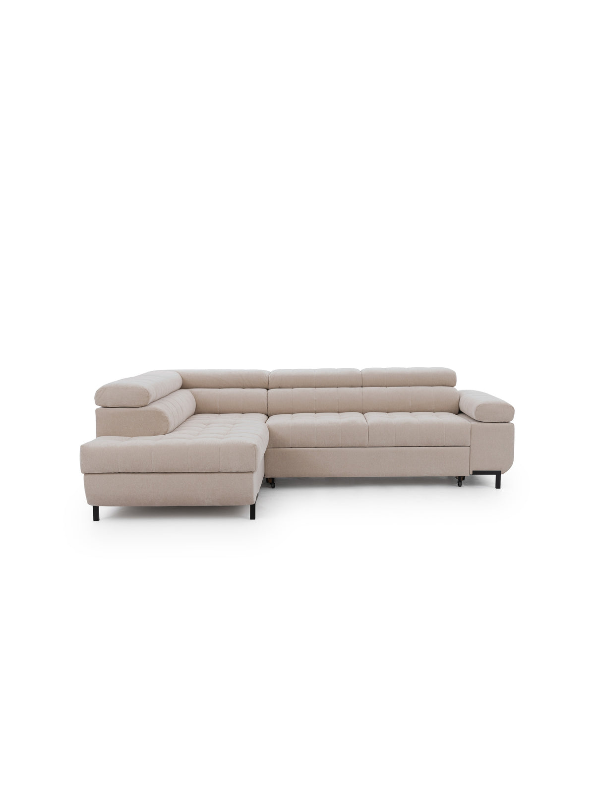 Colțar Tyrion L stânga bej, material szenil Vibe 08, cu tetiere reglabile, design modern