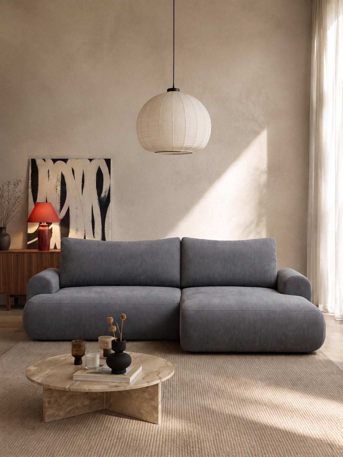 Colțar Lotulis Mini cu funcție de dormit pe partea dreaptă, gri chenil Vibe 95 în living modern