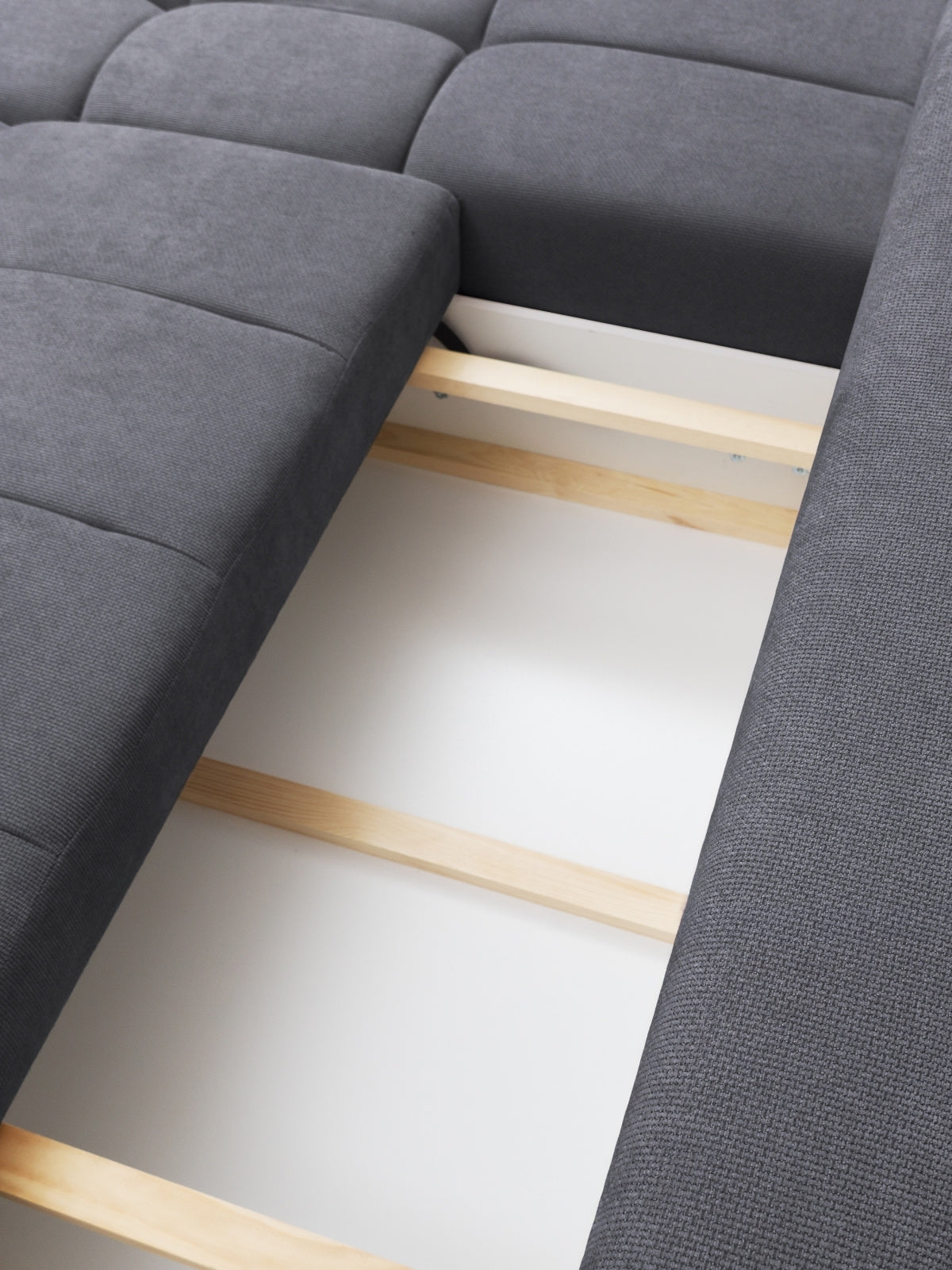 Colțar Lutario L cu funcție de dormit și spațiu de depozitare, szenil gri Vibe 95, vedere la compartiment
