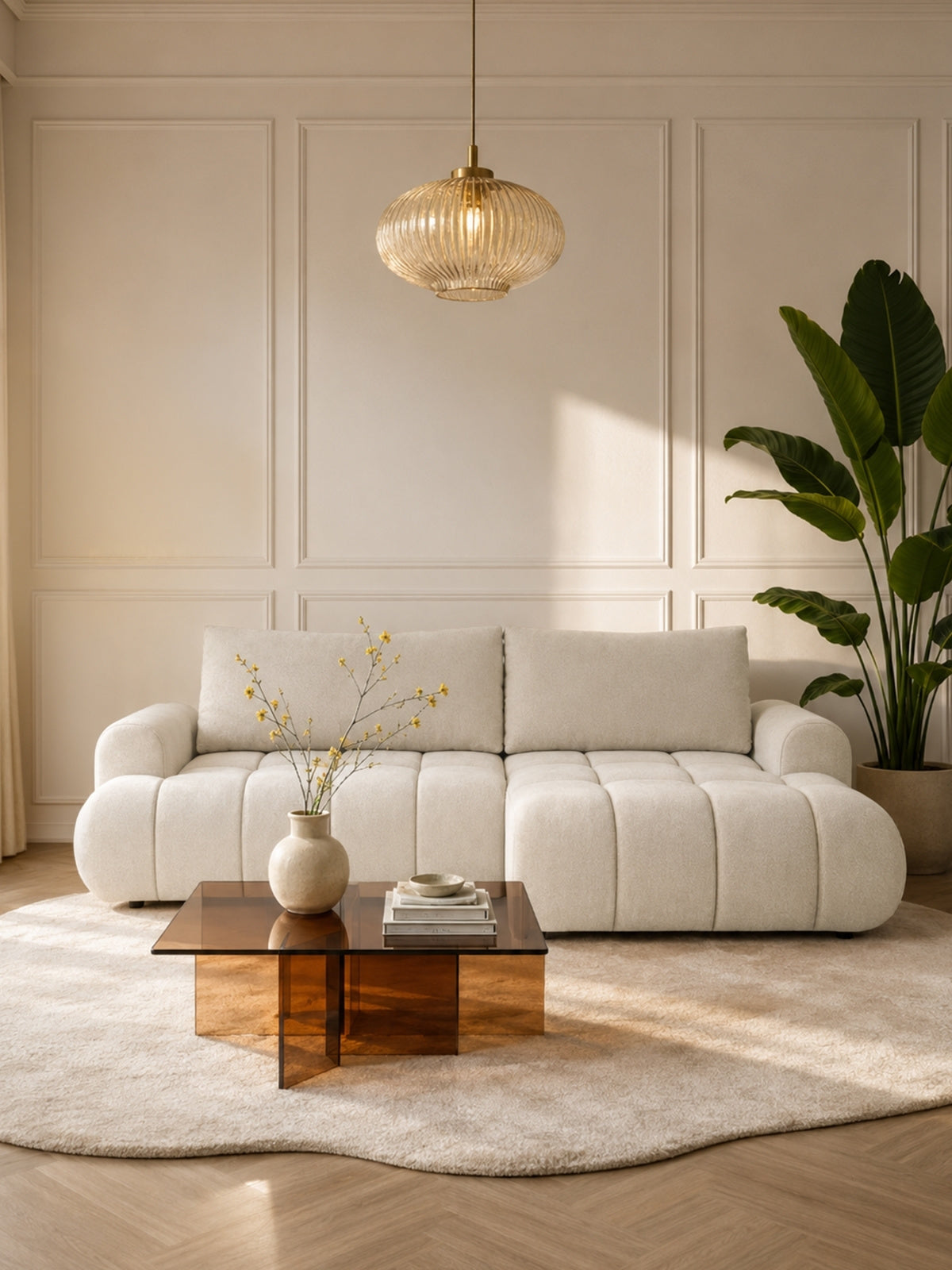 Colțar Lutario Mini cu funcție de dormit, dreapta, bej deschis, material chenil Vibe 06, în decor modern