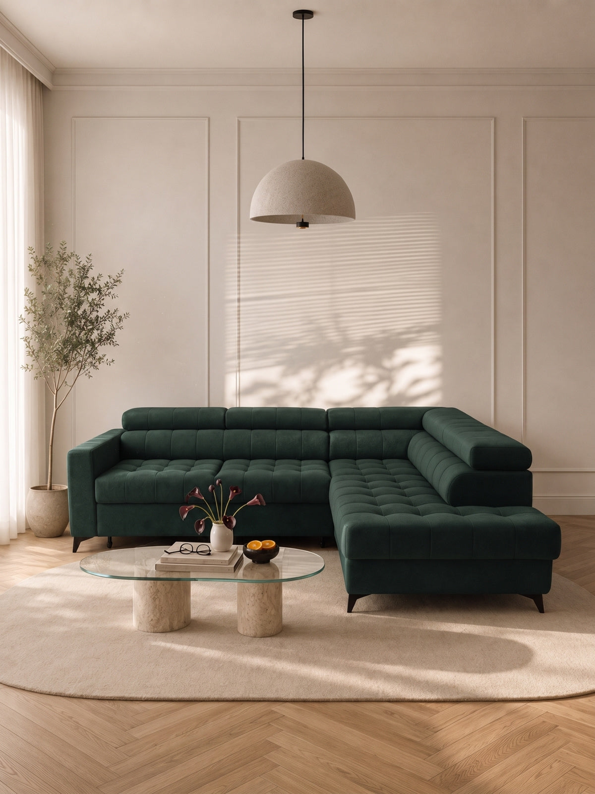 Colțar Nardo L dreapta verde catifea Bluvel 78 cu funcție de dormit