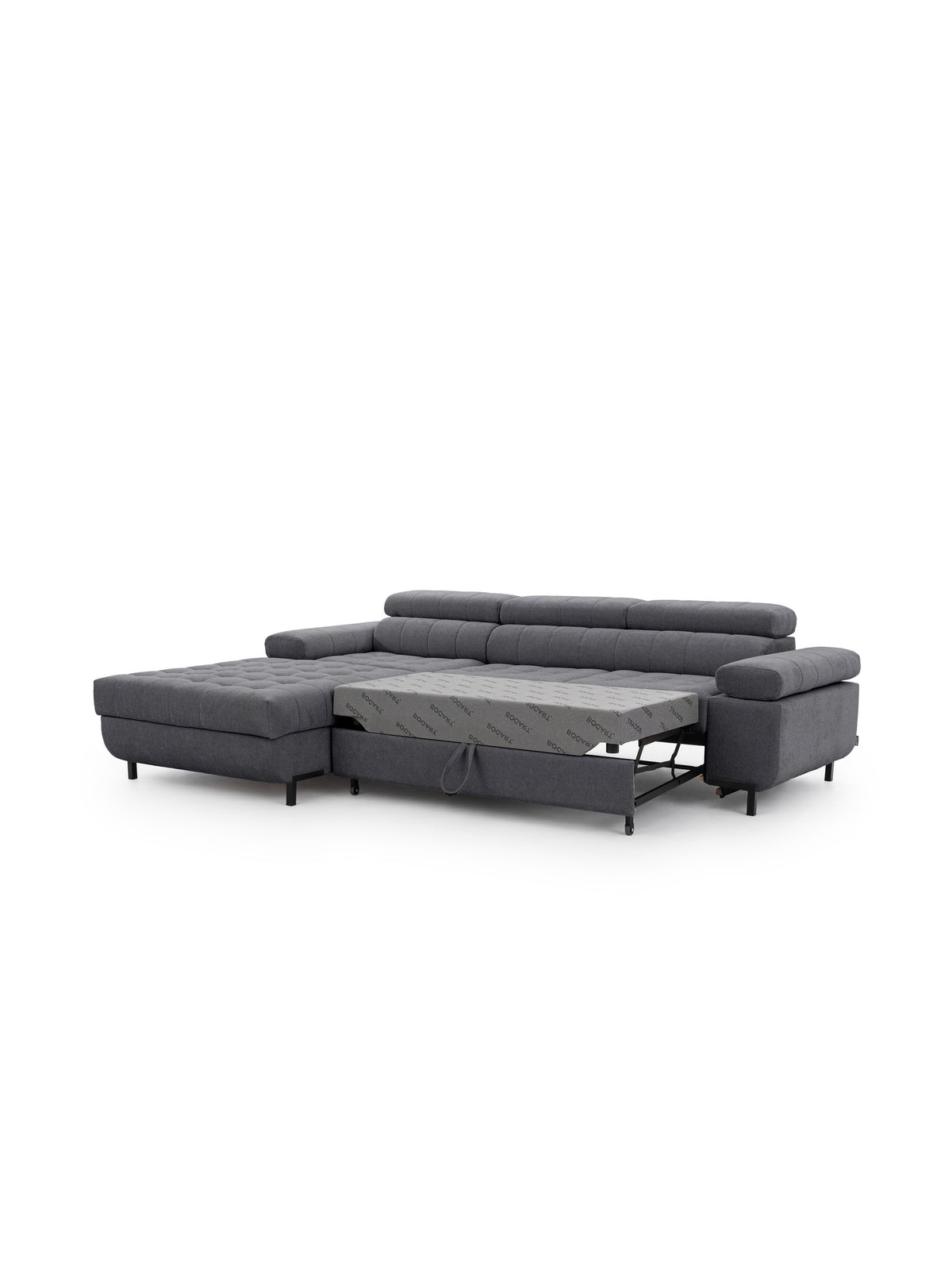 Colțar Tyrion L II stânga cu funcție de dormit, material szenil gri Vibe 95, mecanism extensibil Delfin