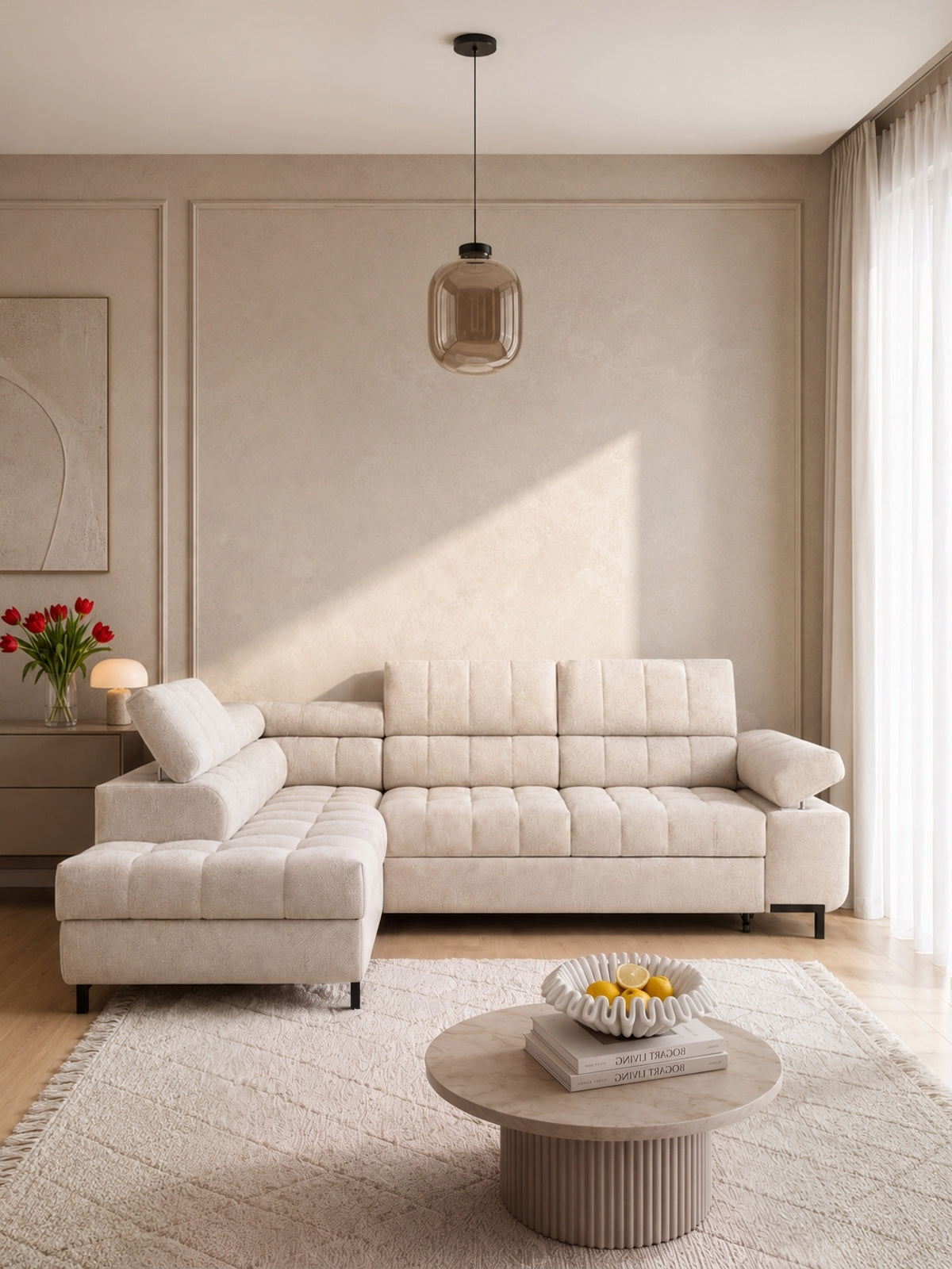 Colțar Tyrion L stânga bej material szenil Perfect Harmony 07 cu funcție dormit