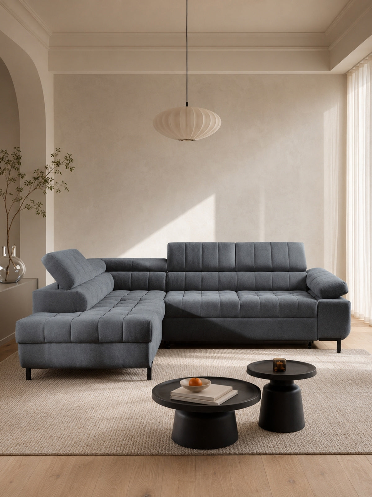 Colțar Tyrion L stânga cu tapițerie gri szenil și tetieră reglabilă, design modern