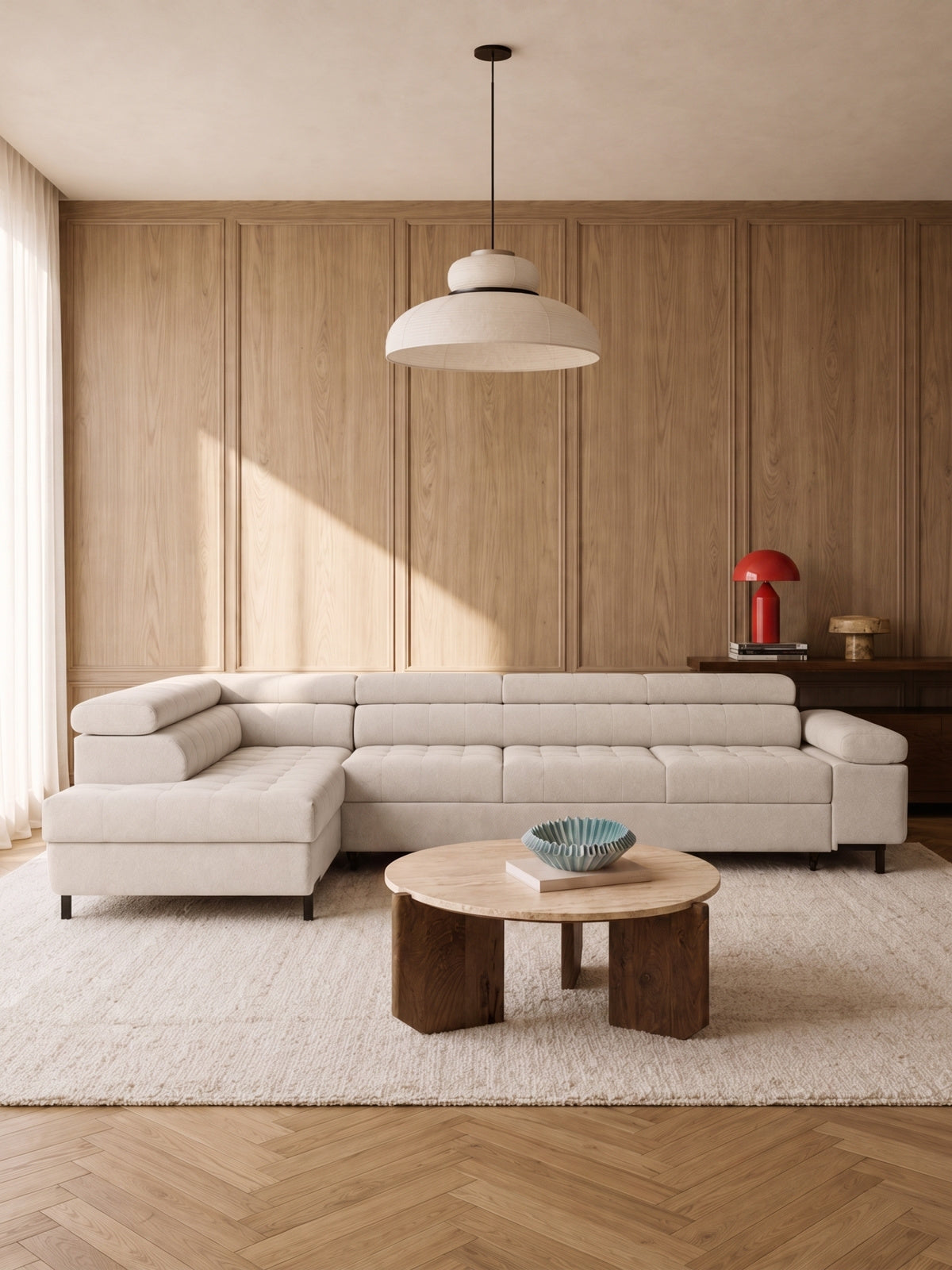 Colțar Tyrion Maxi stânga bej din material szenil Ditra New 20 într-un interior modern