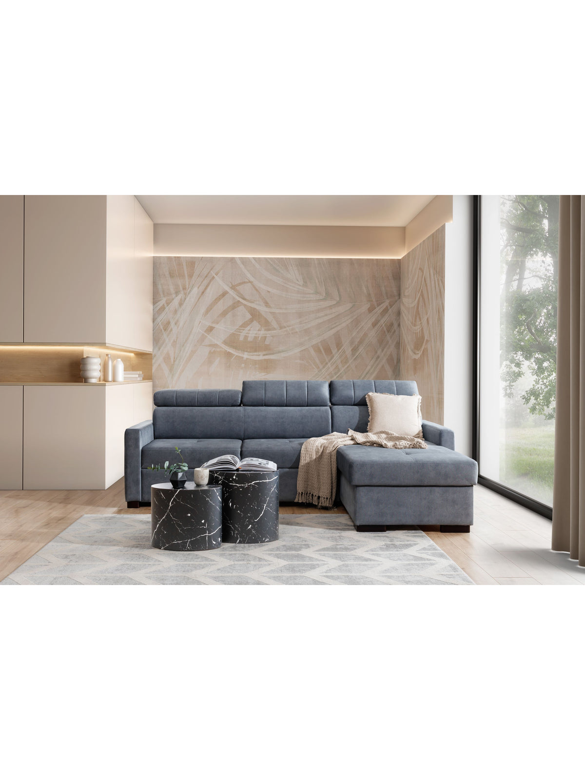 Narożnik Taremo Mini z funkcją spania styl modern organic w kolorze szarym, z regulowanymi zagłówkami