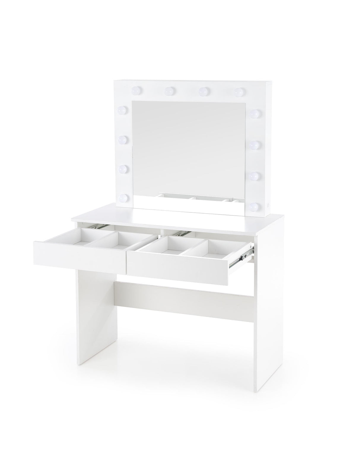 Masa de toaletă Velinio 95 cm albă cu două sertare, oglindă și iluminare LED
