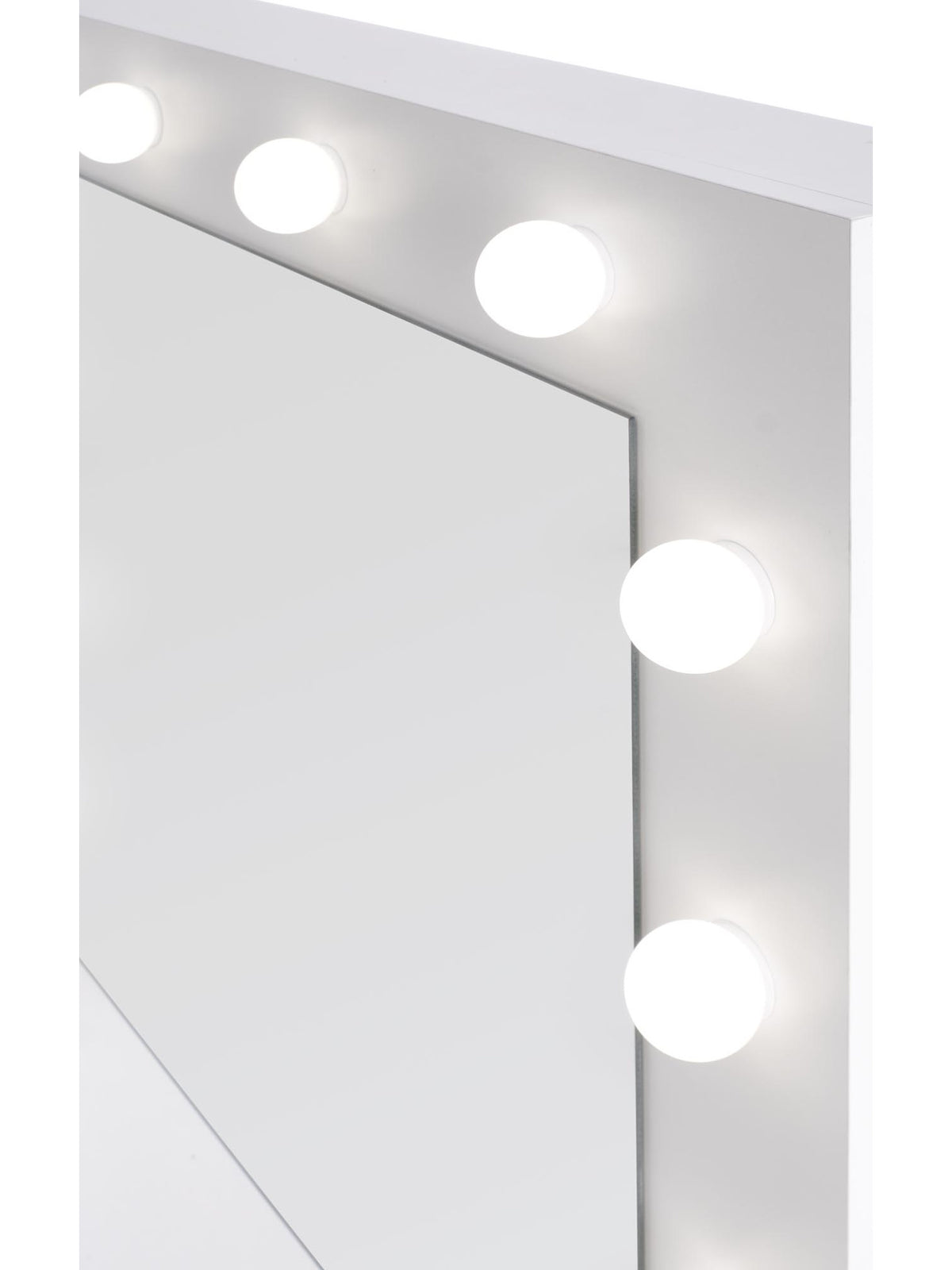 Toaletă Velinio albă 95 cm cu oglindă și iluminare LED, detaliu becuri