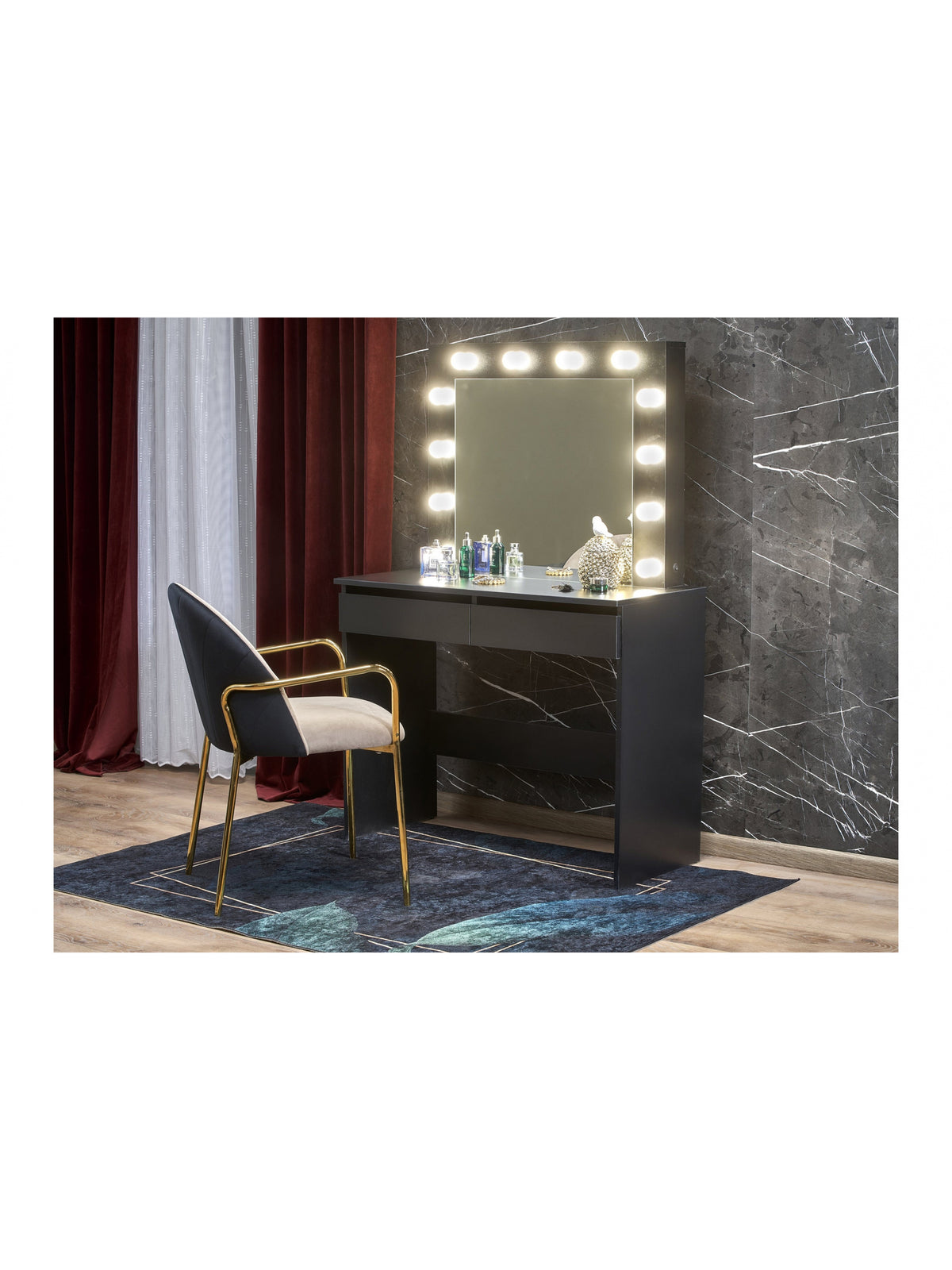 Toaletă Velinio 95 cm neagră cu două sertare și oglindă iluminată LED, stil modern