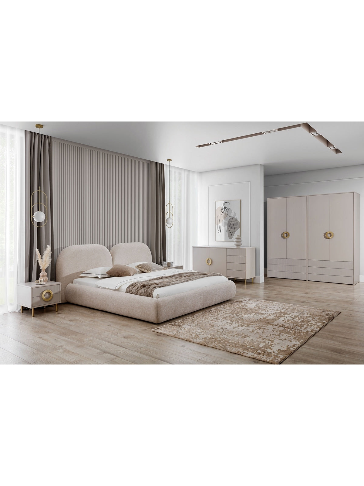 Dulap cu sertare Nubo 100 cm culoare kasmir cu front striat și mânere aurii