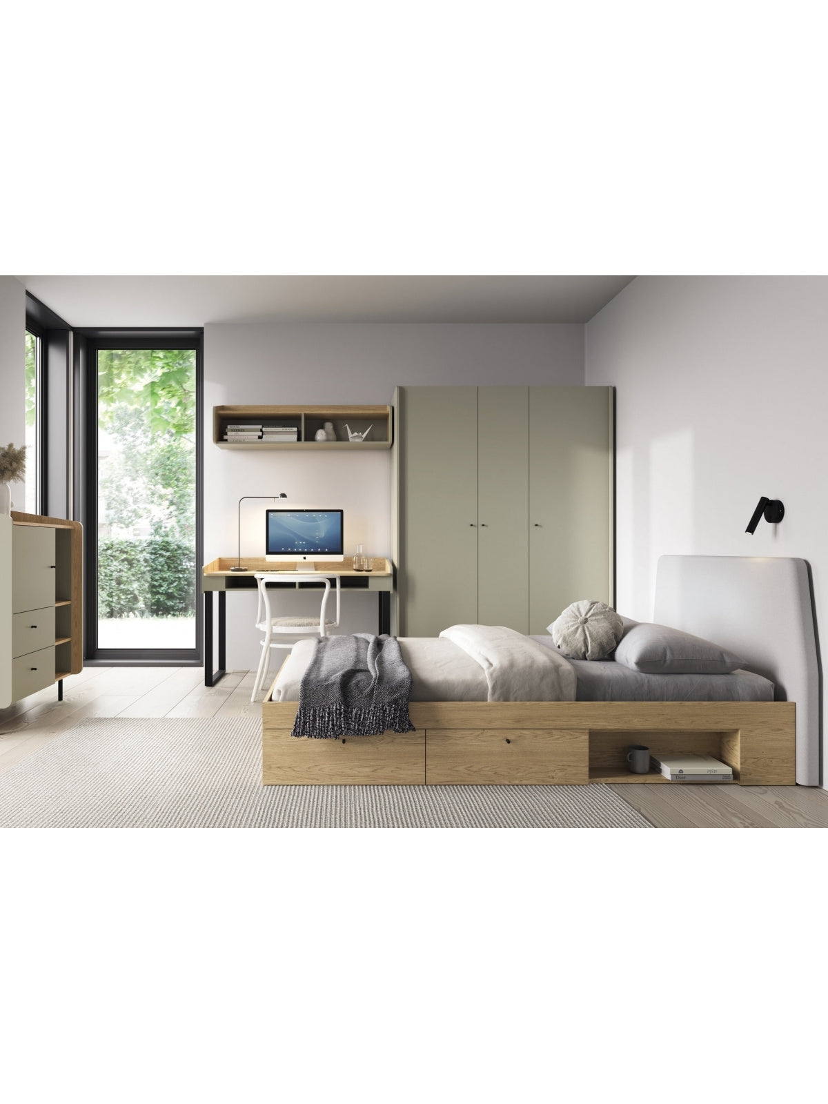 Raft Fiorenza 125 cm verde măsliniu cu front din stejar baltic dune, vedere frontală