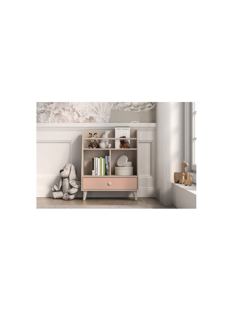 Raft pentru copii Marla 72 cm culoarea nisipului cu sertar roz în stil scandinav