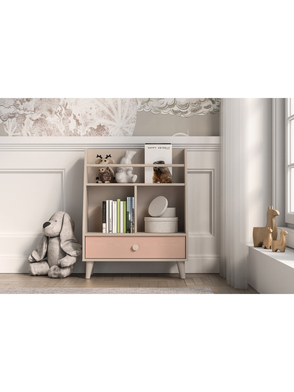 Raft pentru copii Marla 72 cm culoarea nisipului cu sertar roz în stil scandinav