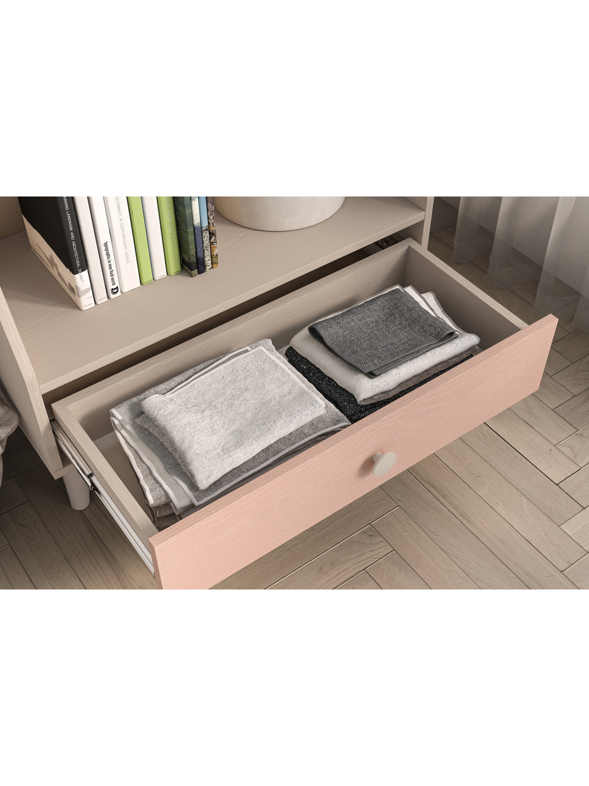Raft pentru copii Marla 72 cm, front roz millenial pink, sertar cu extensie completă