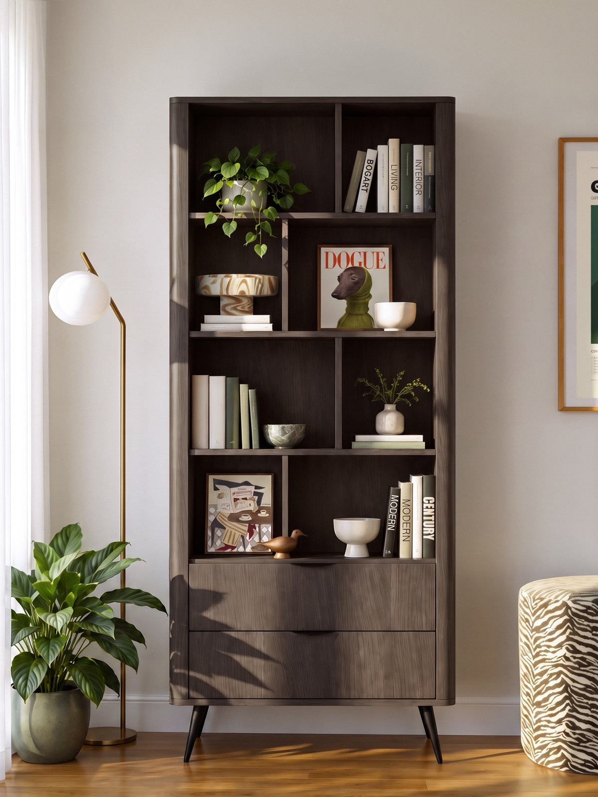 Bibliotecă deschisă Edrin 88 cm culoarea stejar dunin cu 2 sertare și picioare negre