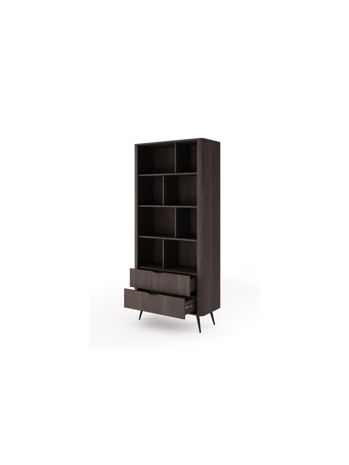 Bibliotecă deschisă Edrin 88 cm lemn închis cu două sertare și picioare negre, vedere frontală