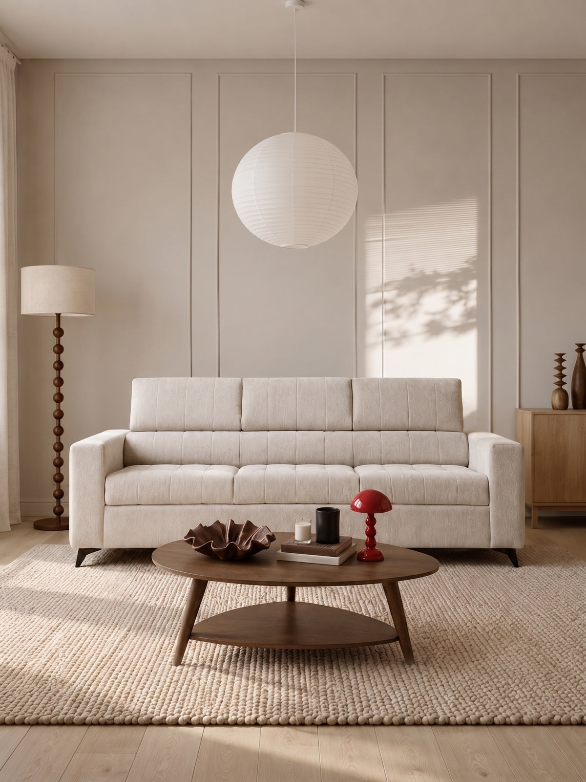 Sofa Nardo z funkcją spania, jasny beżowy szenil Vibe 06 widok frontowy