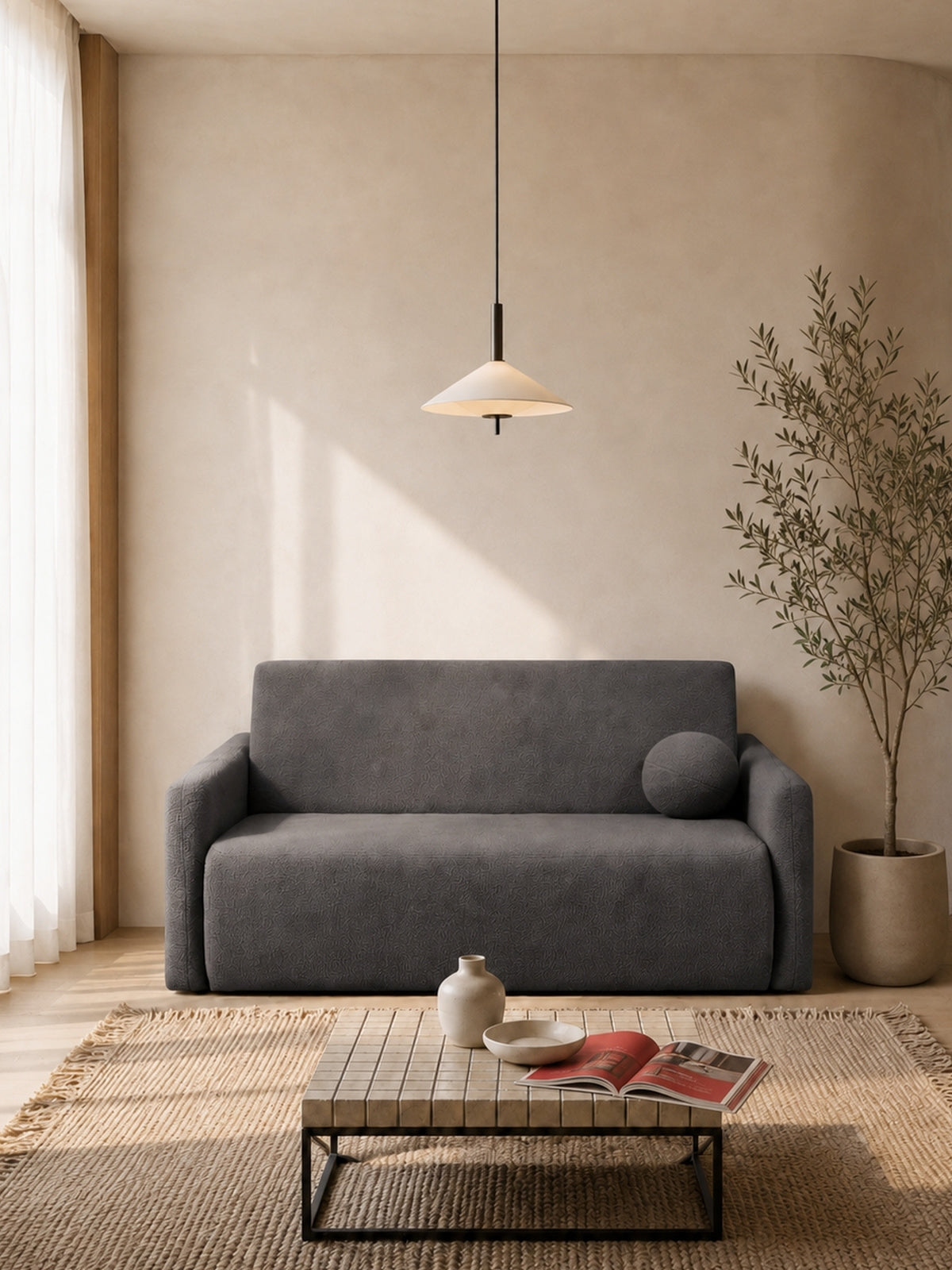 Canapea extensibilă Nido 120 cm gri boucle cu spațiu de depozitare, vedere frontală