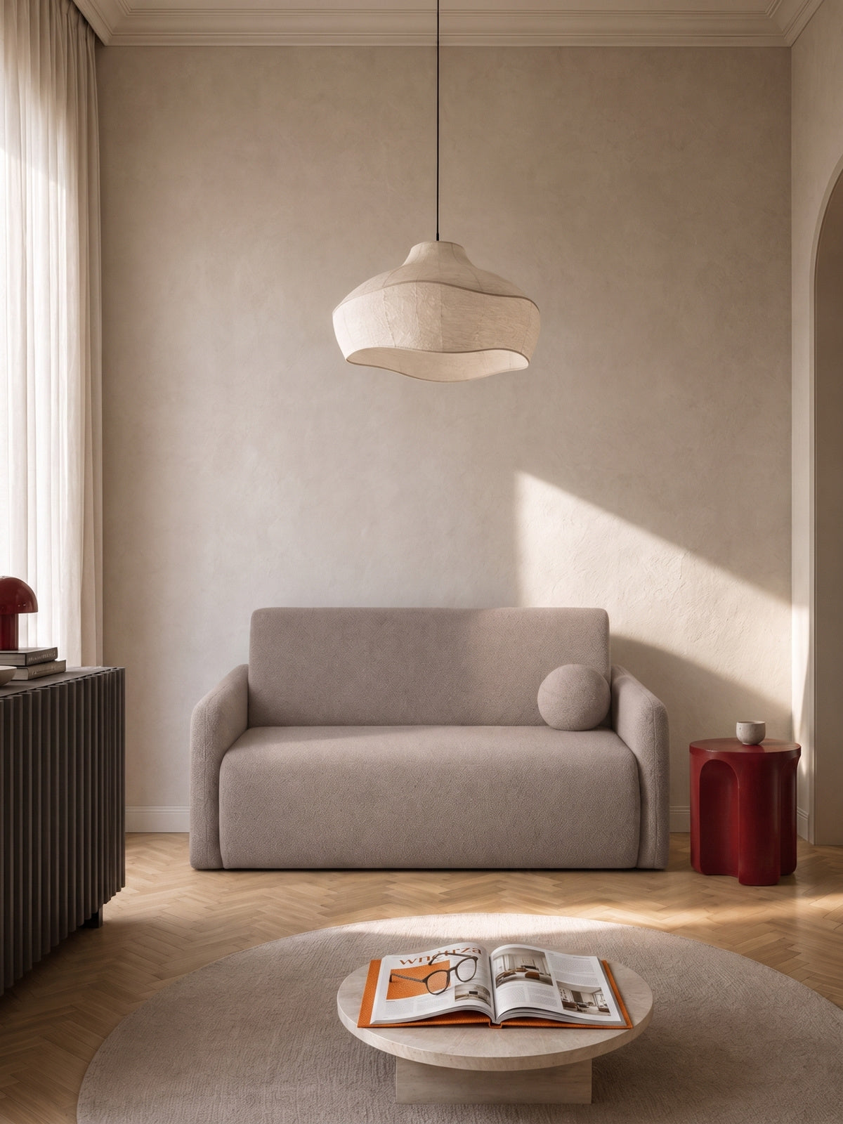 Canapea extensibilă Nido trei locuri 140 cm bej boucle vedere frontală cu pernă
