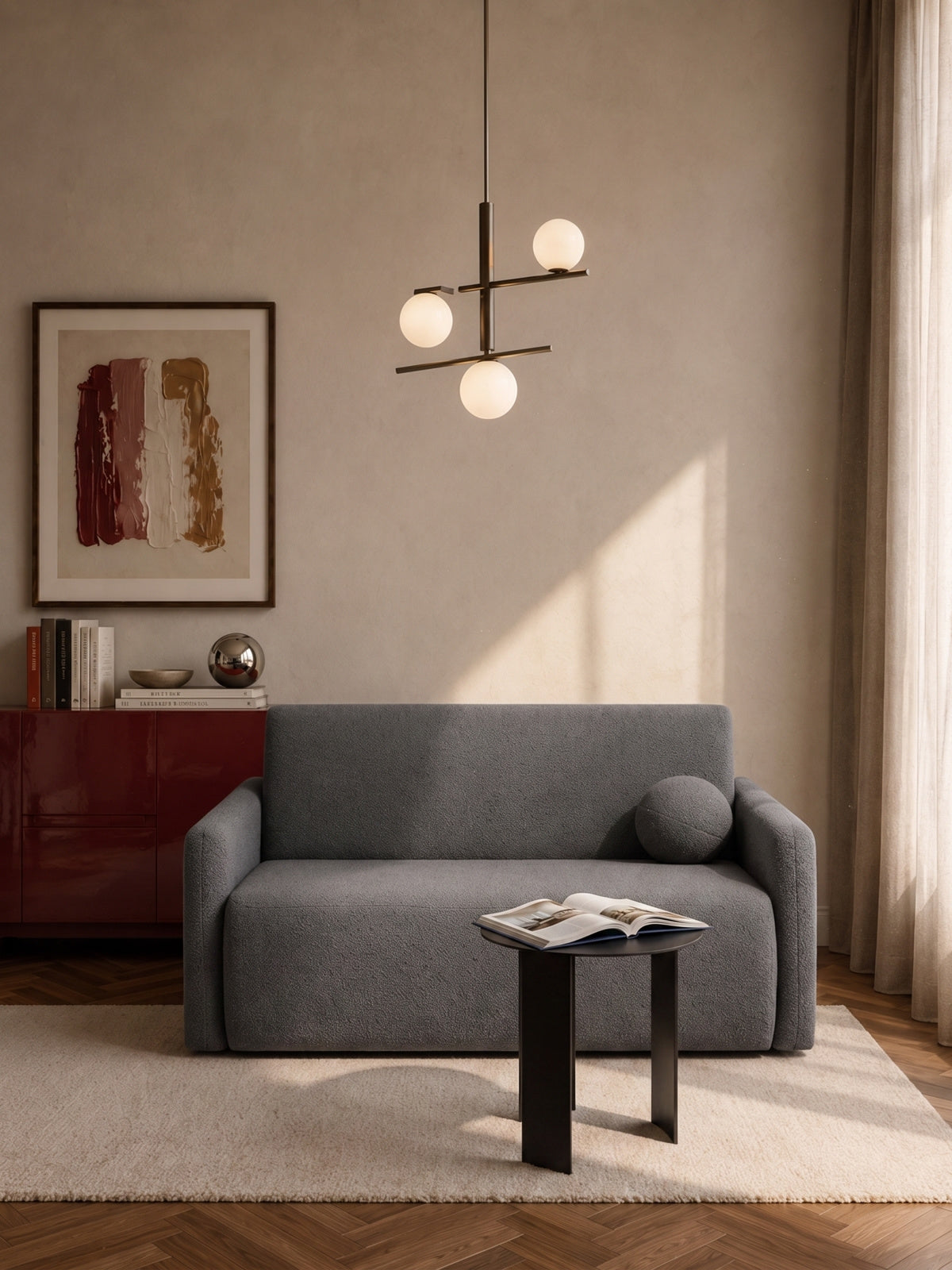 Canapea extensibilă Nido trei locuri gri boucle Quelle 92 într-un interior modern