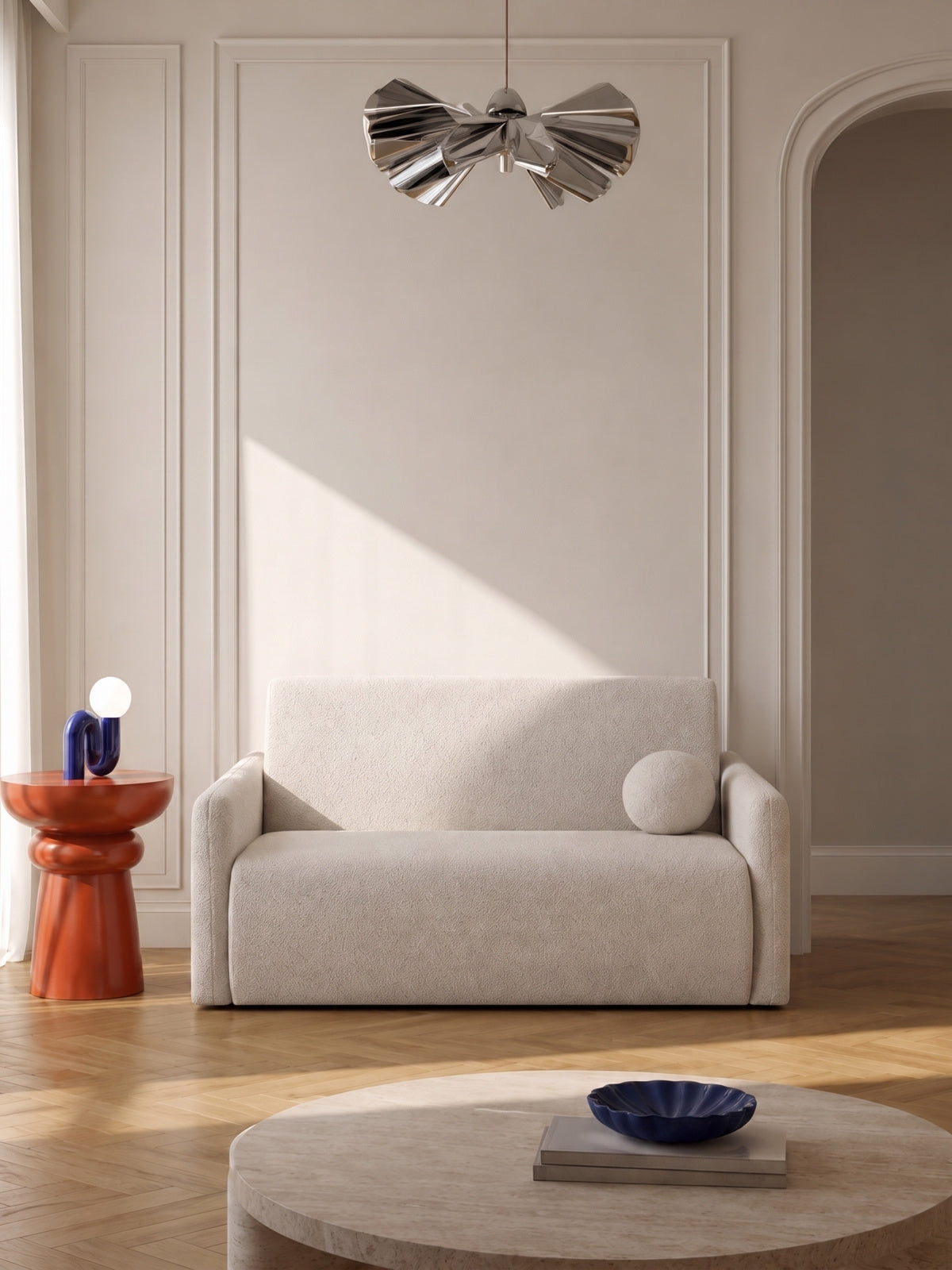Canapea extensibilă Nido trei locuri 140 cm, culoare deschisă, cu pernuță cilindrică
