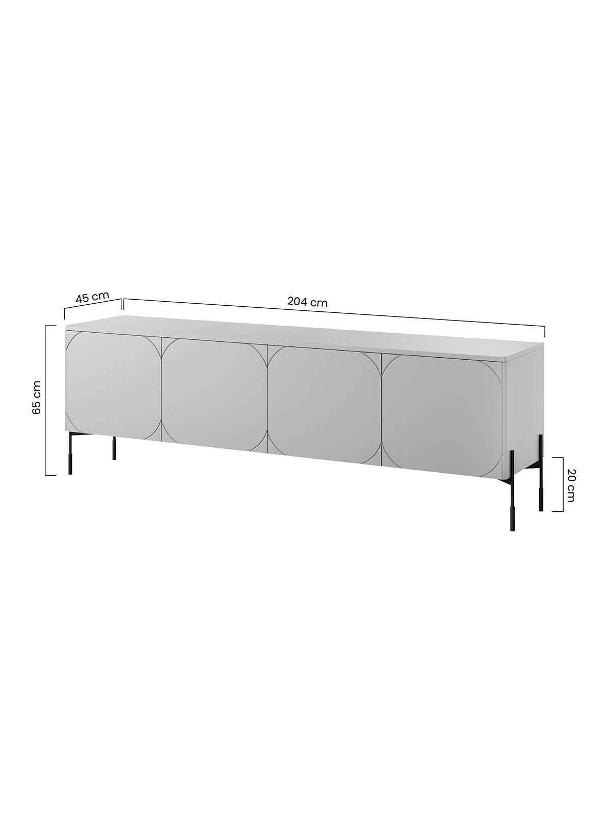 Comodă TV Sonatia 200 cm casmir mat, patru uși, două sertare ascunse, picioare metalice negre
