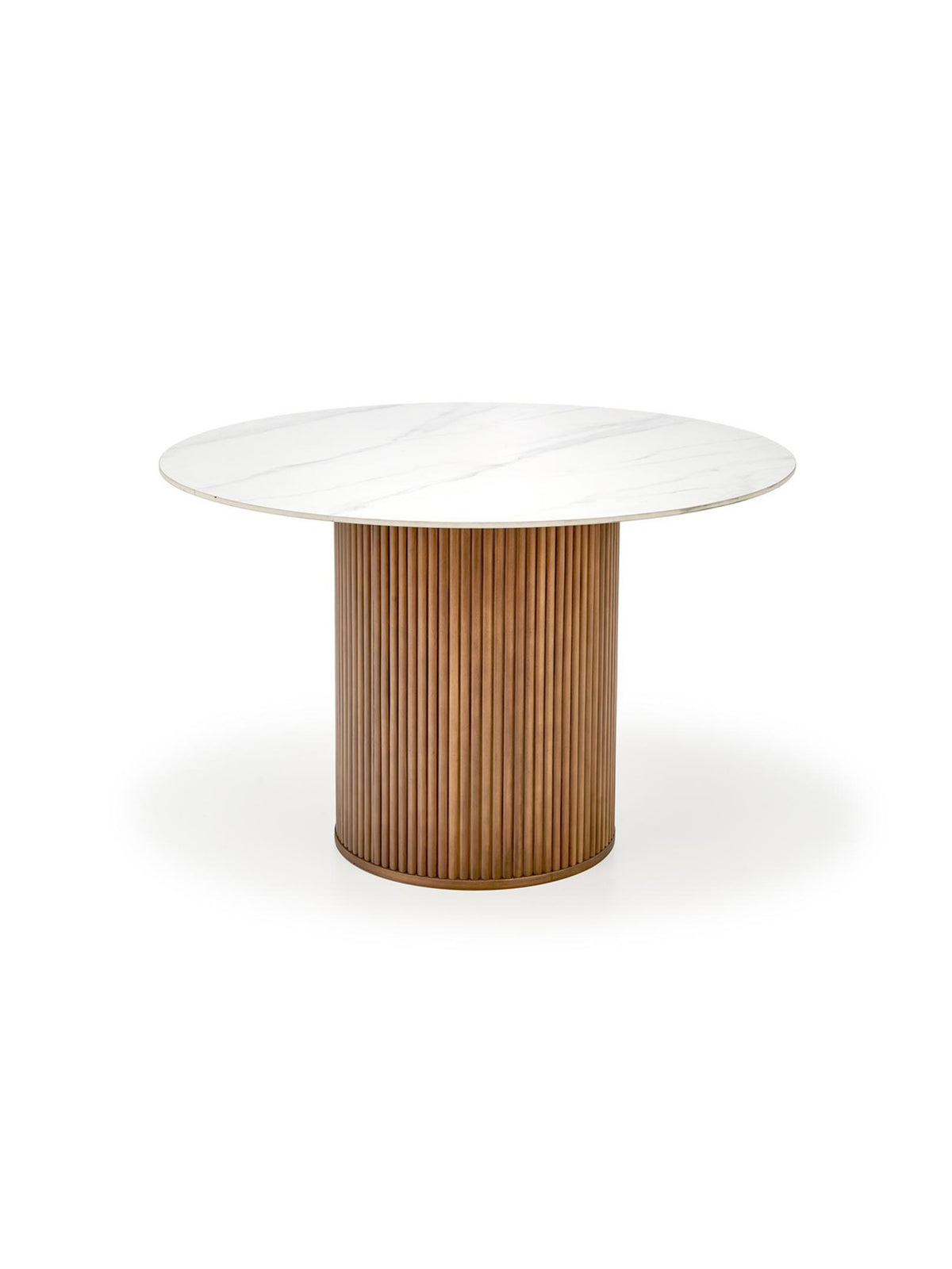 Masă rotundă Lunaro 120 cm cu blat ceramic alb marmorat și picior din lemn masiv nuc