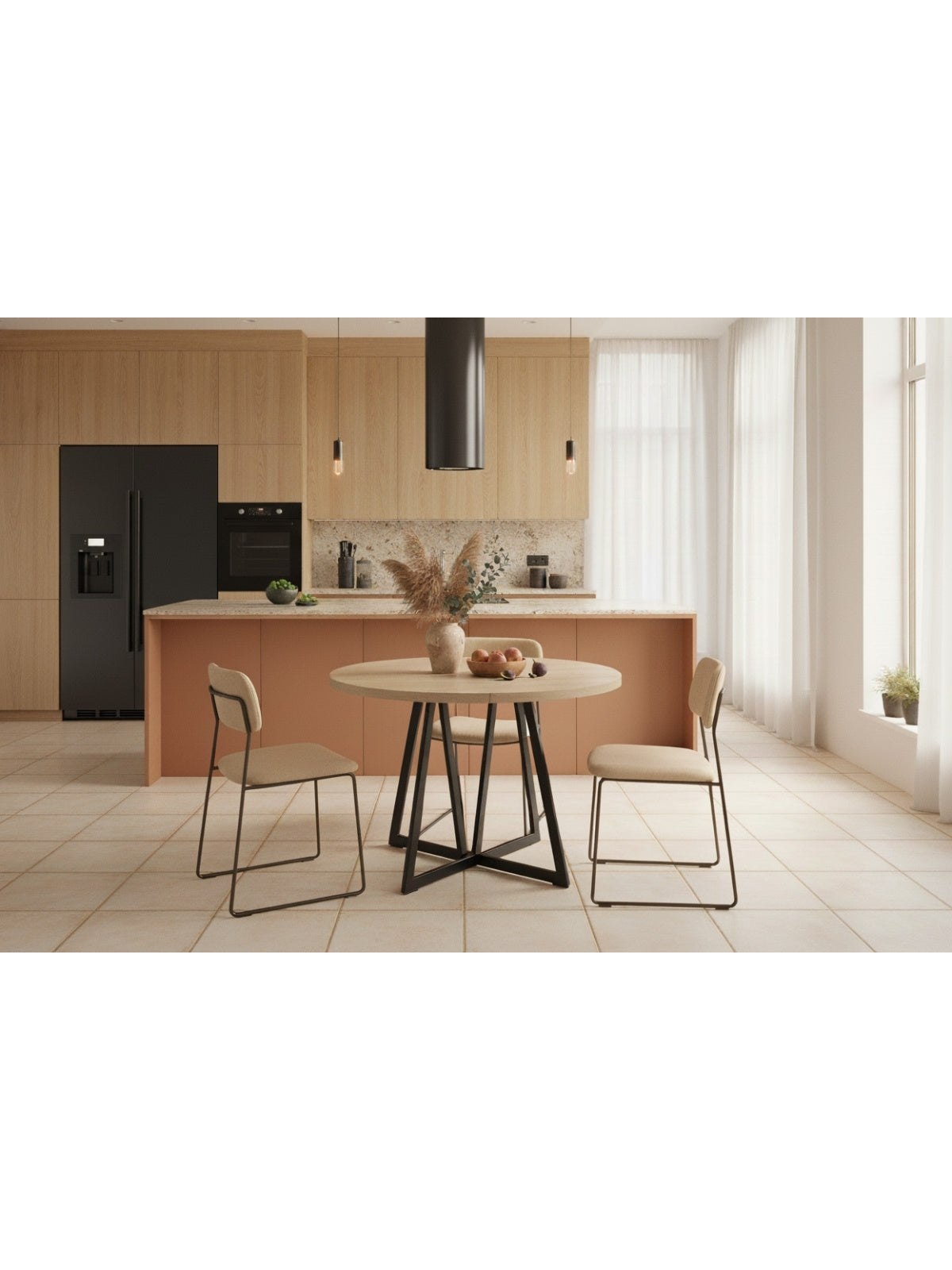 Masă rotundă Cedrus extensibilă 95/150 cm cu cadru metalic negru și blat culoarea stejar vinceza