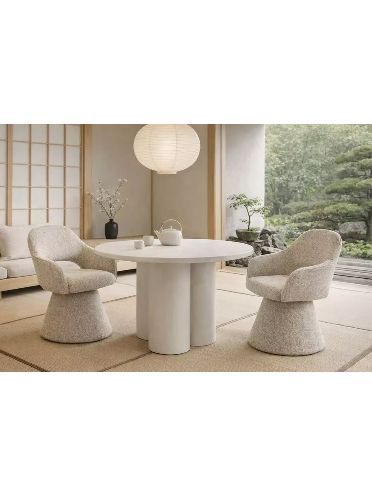 Masă rotundă Cylindus 120 cm crem cu blat și cadru din microcement, design modern