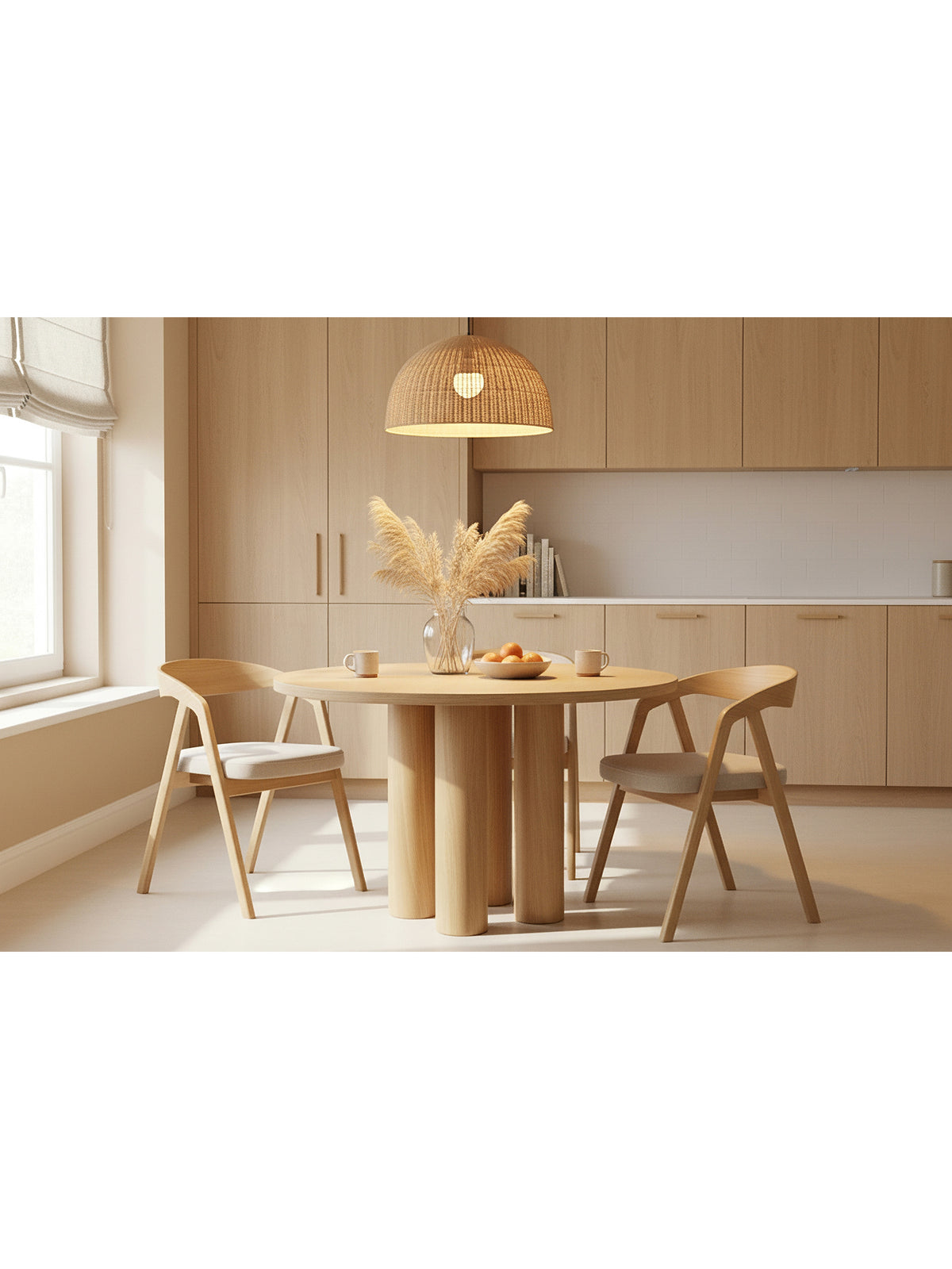 Masă rotundă Gravon 120 cm culoare stejar natural, picioare drepte, stil Scandi