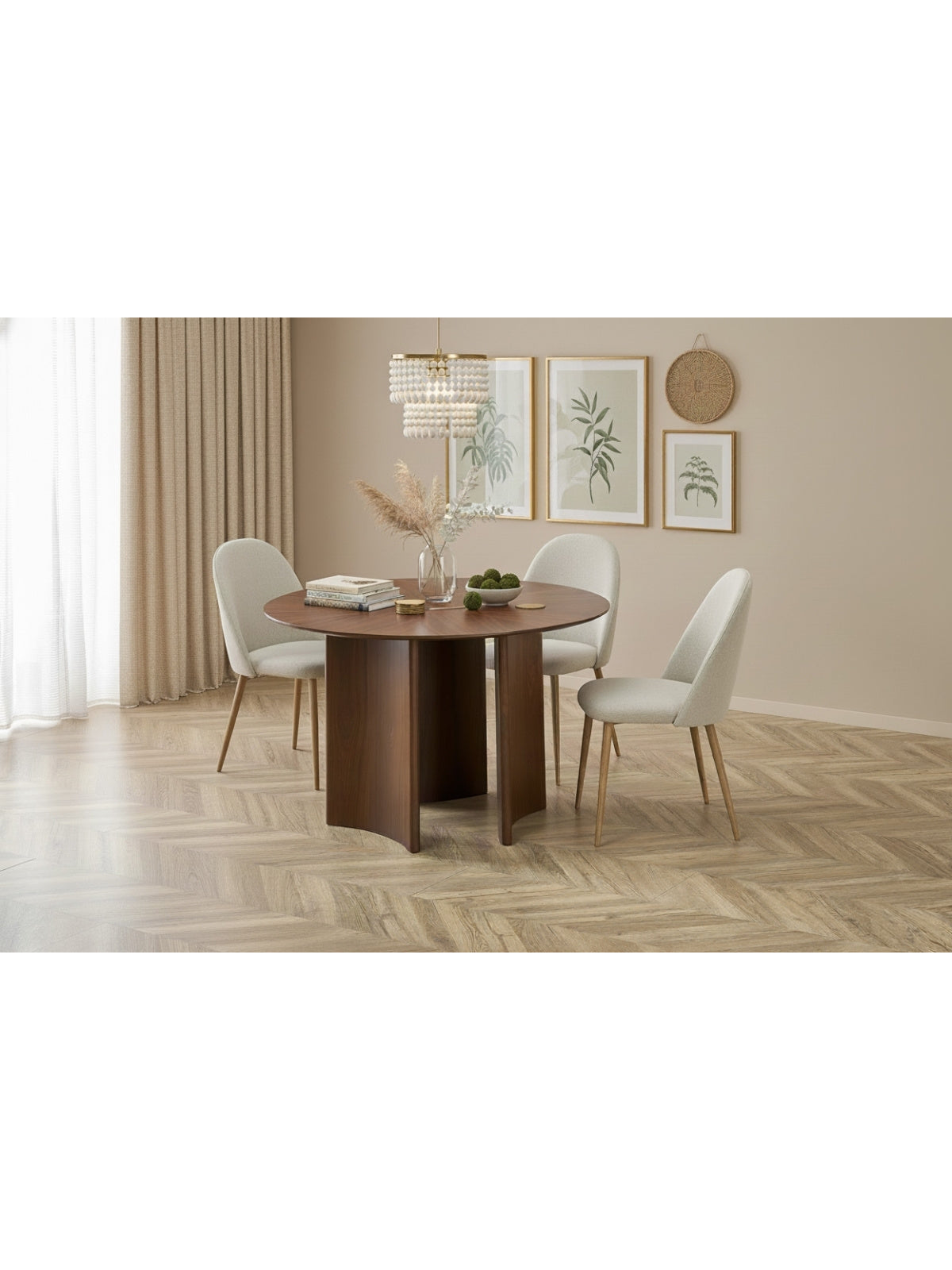 Masă rotundă Merulio 120 cm culoare nuc, lemn închis, blat și picioare MDF